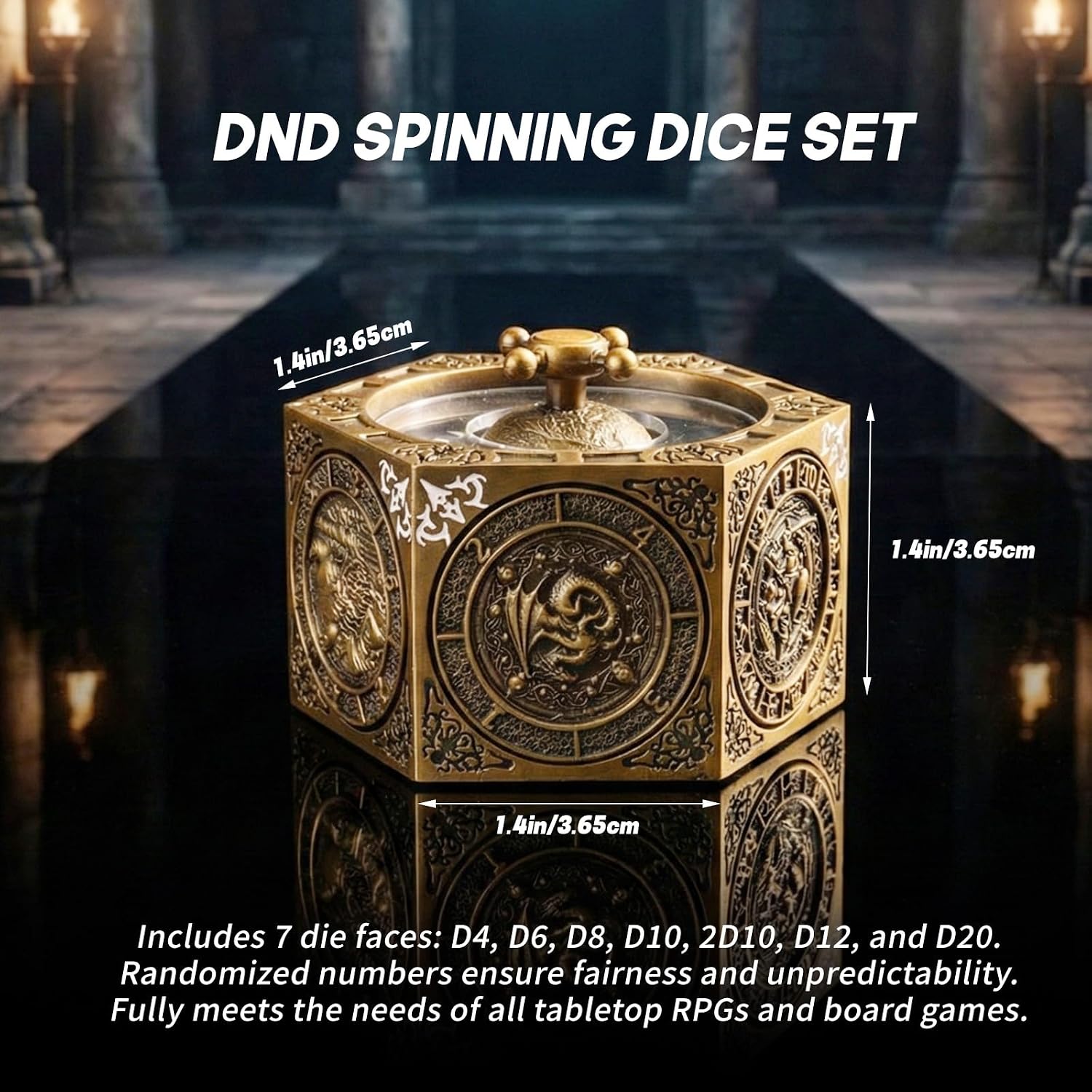 DND Spinning Dice Set, 8-in-1 Hexagonal Metal Dice with D20 Spinner, Unique Fantasy RPG Game Dice with Rotating Top, Perfect for Dungeons & Dragons, D&D DM Gift (Antique Bronze) image 4