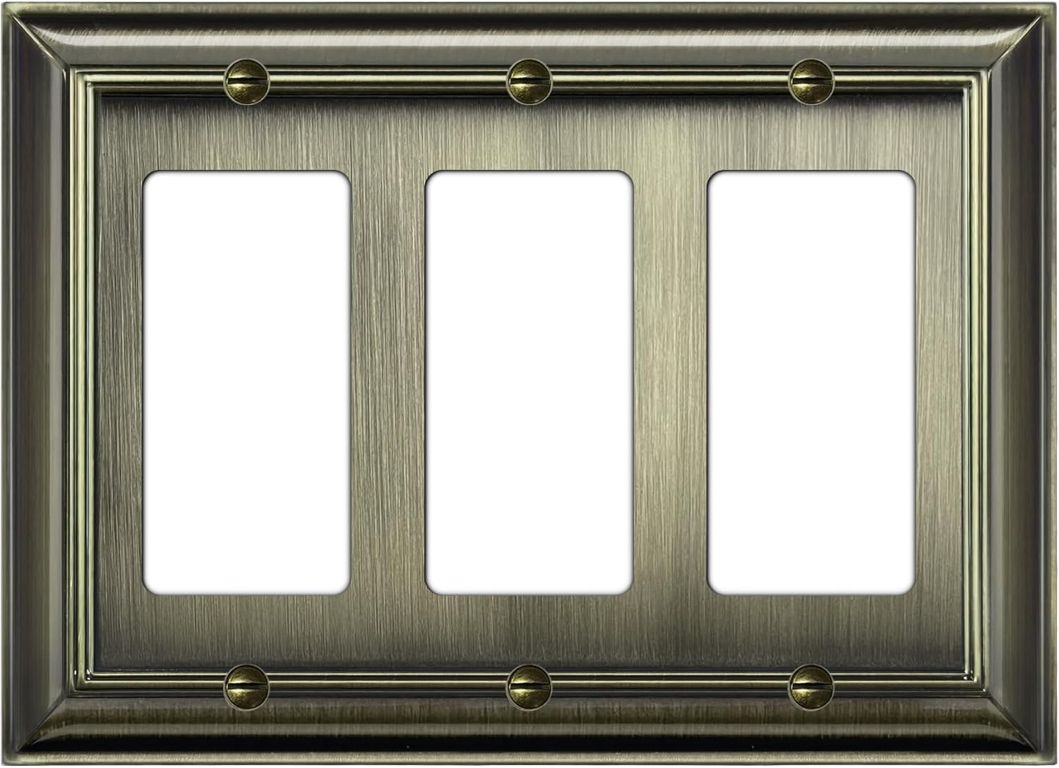 BESTTEN 3 Gang Zinc Alloy Aged Brass Metal Decor Wall Plate, Grand Collection Metal Decorator Antique Brass Outlet Cover for Switch or Receptacle, Durable Corrosion Resistant