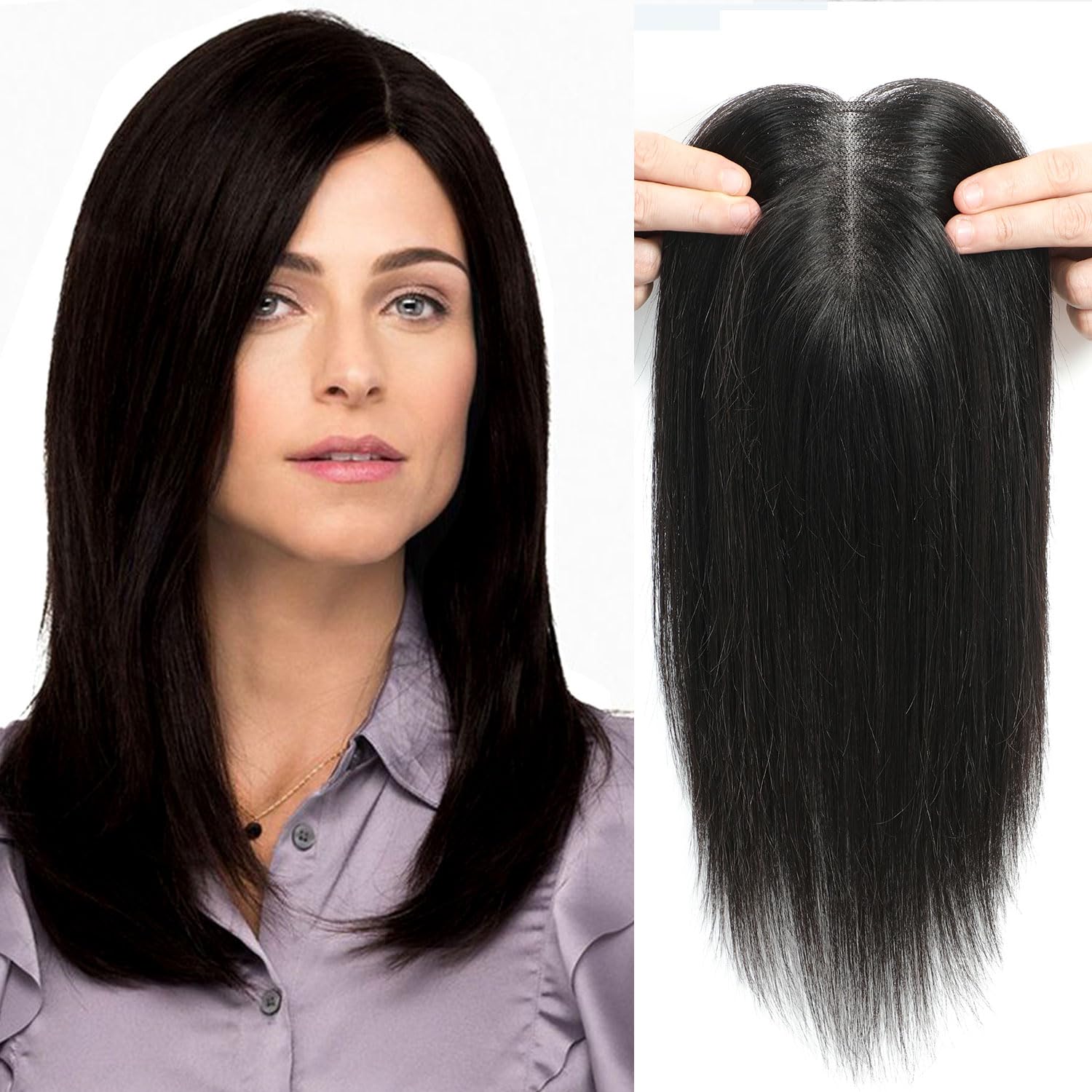 VASILIA Hair Toppers for Women Real Human Hair 120% Density Hand-made 4 * 4.8 Inch Swiss Base Human Hair Topper without Bangs 12 Inch Wig Toppers for Thinning hair #1B Natural Black