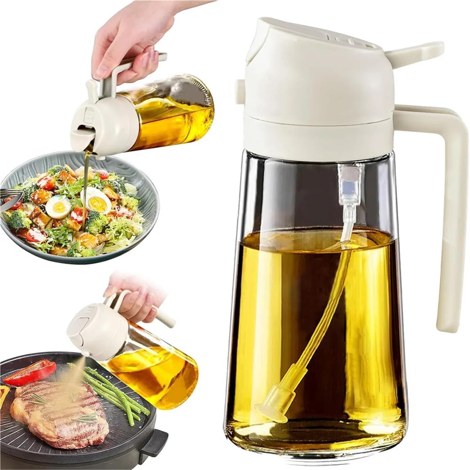 NGTFDCP Oil Dispenser, 2 In 1 Oil Dispenser-Oil Sprayer, For Cooking, 470ML Glass And Dispenser For Kitchen for Air Fryer, Salad(White)