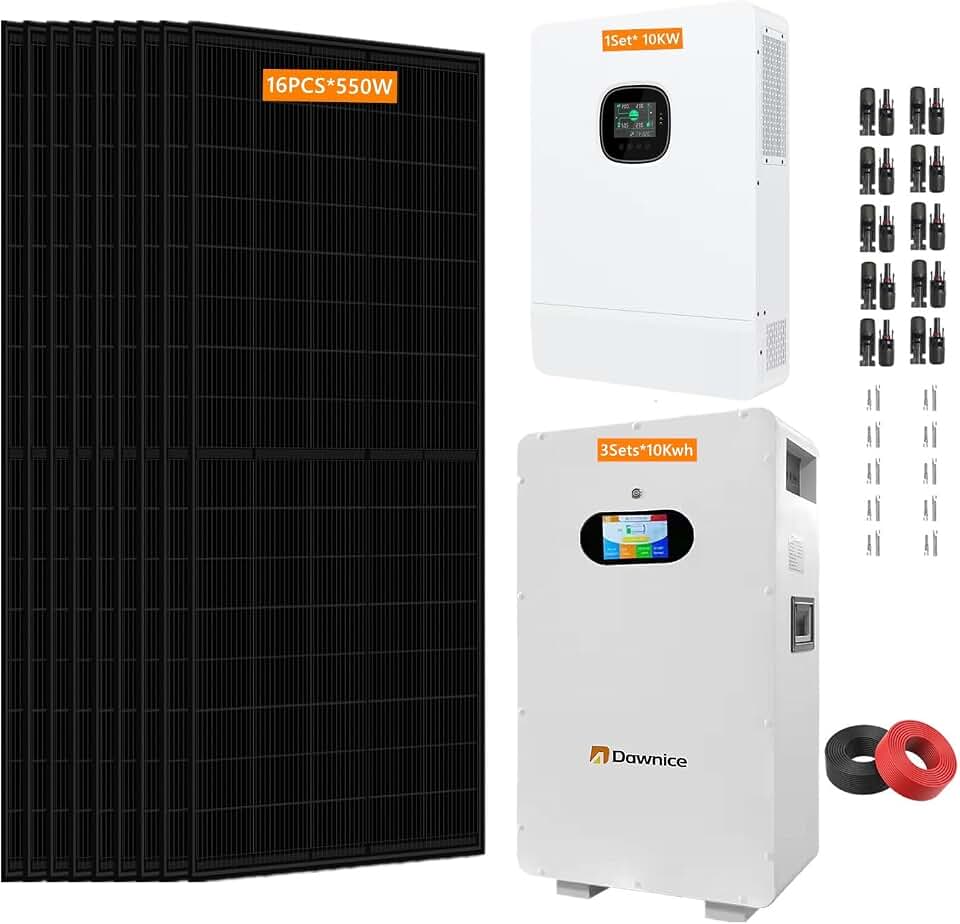 10KW Off Grid Solar System Complete Kit with 16PCS*550W Solar Panels 48V 10KW Off Grid Inverter 2Sets 51.2V LiFeP04 Battery (16pcs*550W+1 * 10KW Inverter+3Sets*10kwh Battery)