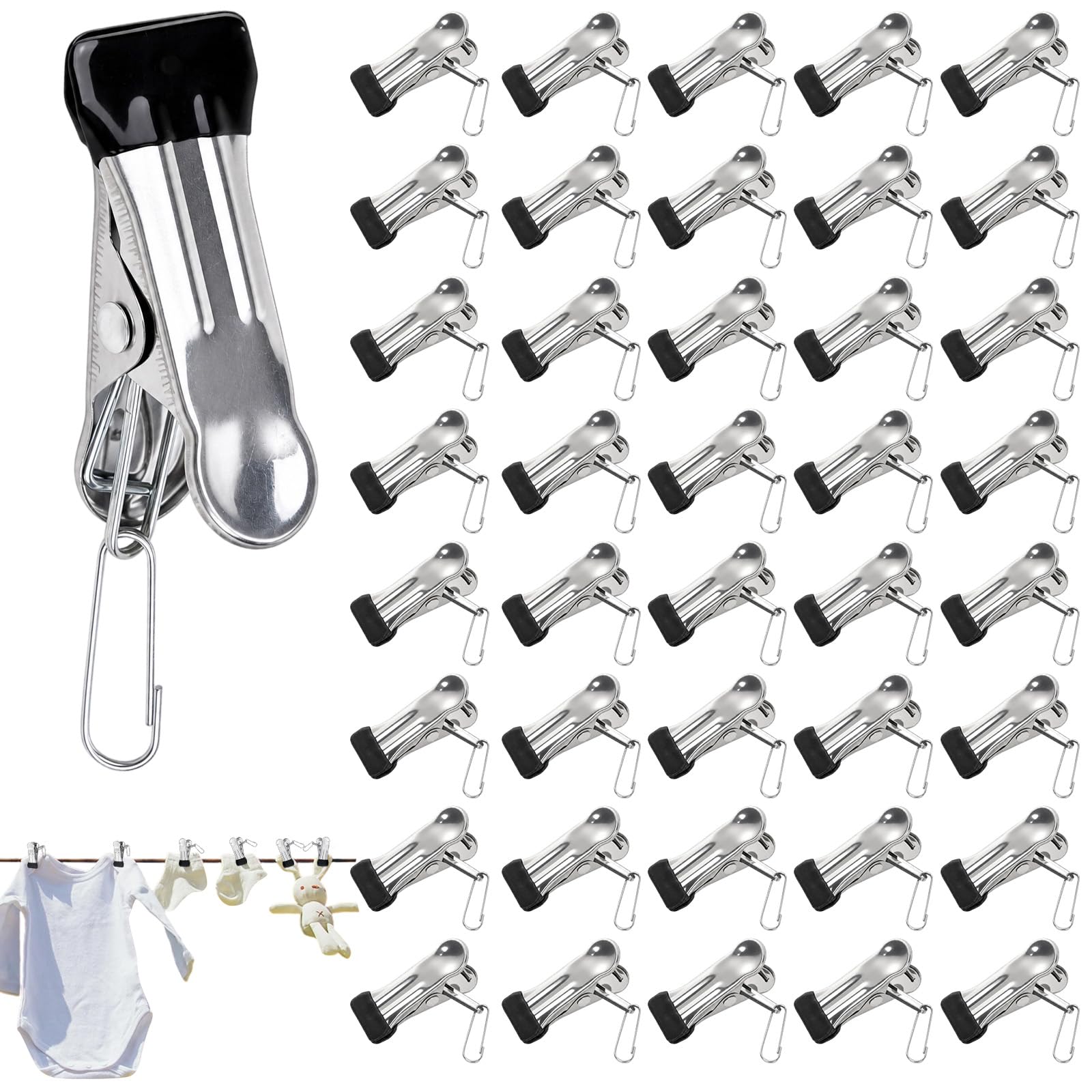Stainless Steel Clothes Pegs 40 Pcs, with Windproof Buckle, 5 x 2 cm