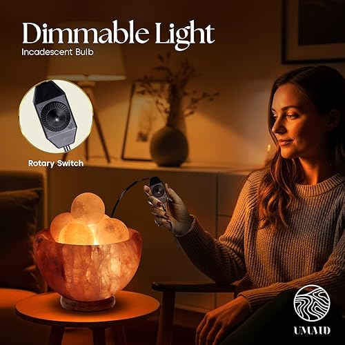 Miniatura 3 de UMAID Lámpara de sal del Himalaya con cuenco y 6 bolas de masaje – Lámpara de sal rosa natural regulable para relajación, meditación, yoga, spa