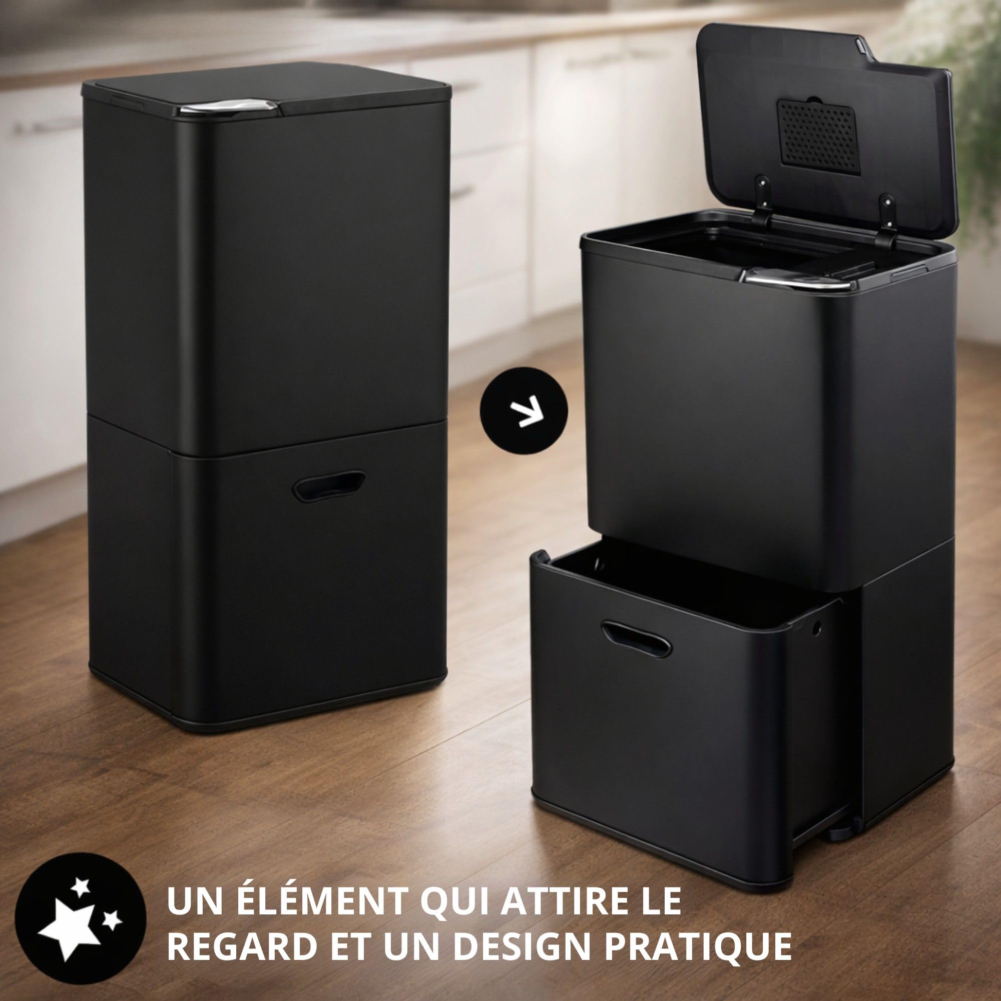 Bayt Poubelle De Tri Sélectif 60 L Pour La Cuisine - Poubelles De Cuisine À Double Bac De 60 Litres Pour Le Tri Des Déchets | Poubelle Verticale En Acier Inoxydable Noir Mat