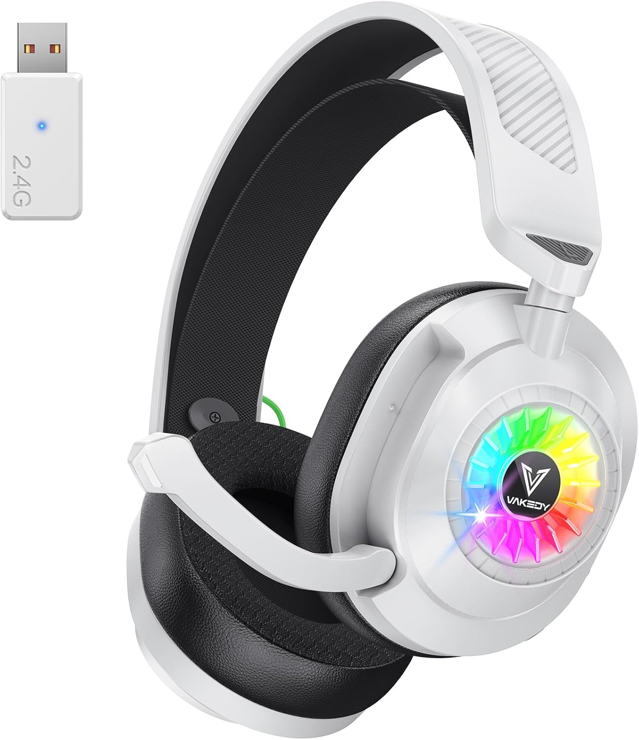 Vakedy HW10 Wireless Gaming Headset for PS5, PS4, PC, Switch, Mac, 2.4GHz Wireless Gaming Headphone with Flip Noise Canceling Mic, 50H Battery, 50mm Drivers, RGB Lights (White/Black)