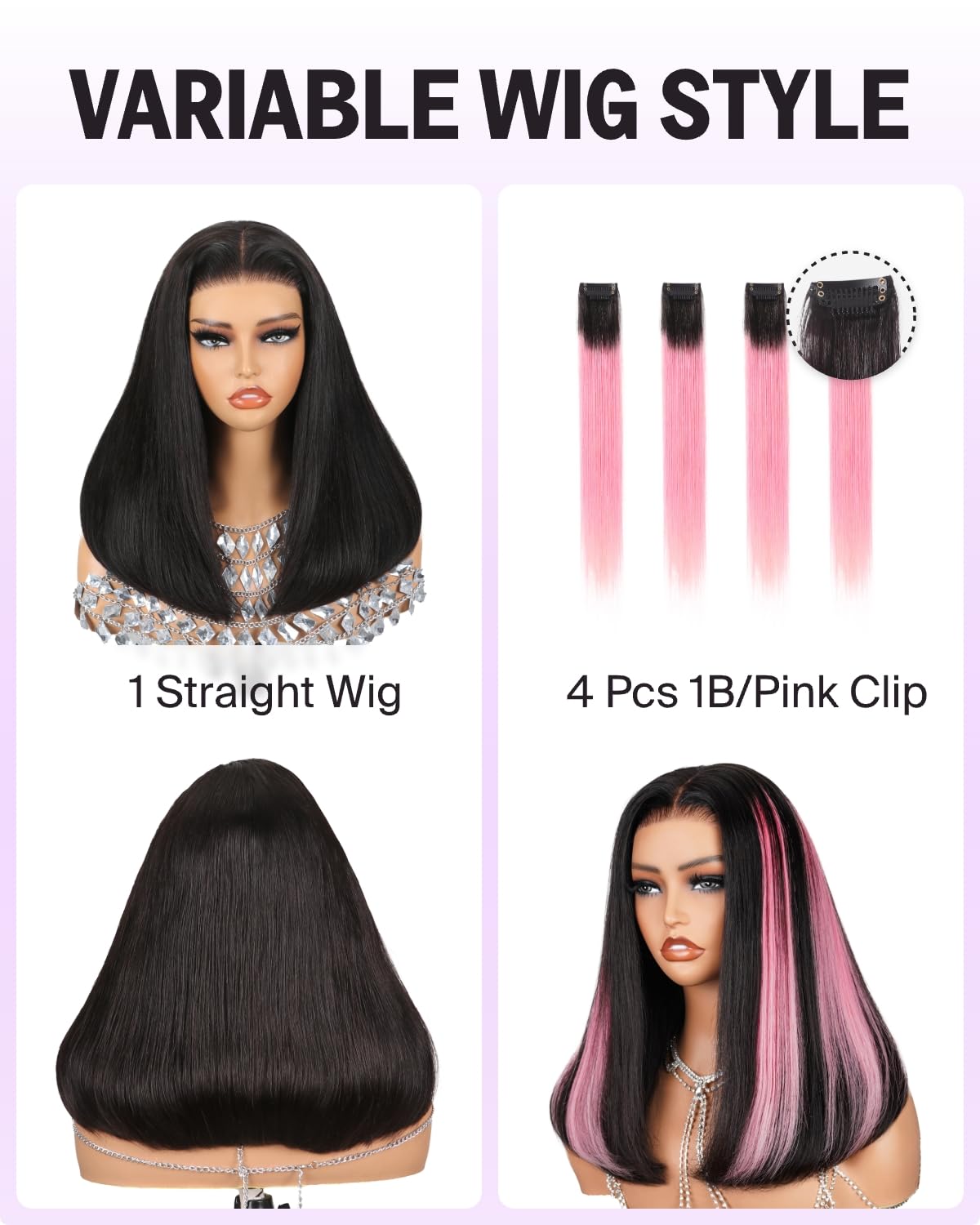 MEGALOOK Salon-Quality 6x5 Human Hair Wig With 4 Pcs 1B/Pink Clip in Hair Extension Wear and Go Glueless Wig Real Pre Cut Lace Pre Bleached Tiny Knots Straight Human Hair Wigs for Women 16 Inch - Image 2