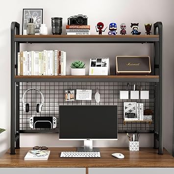 2-Tier/3-Tier Desktop Bookshelf For Computer Desk, Grid Desk Storage Display Rack, Modern Desk Organizer Shelf, For Office/library/Desk Hutch Organizer, Sturdy & Elegant  Color Black , Size 3-Tie