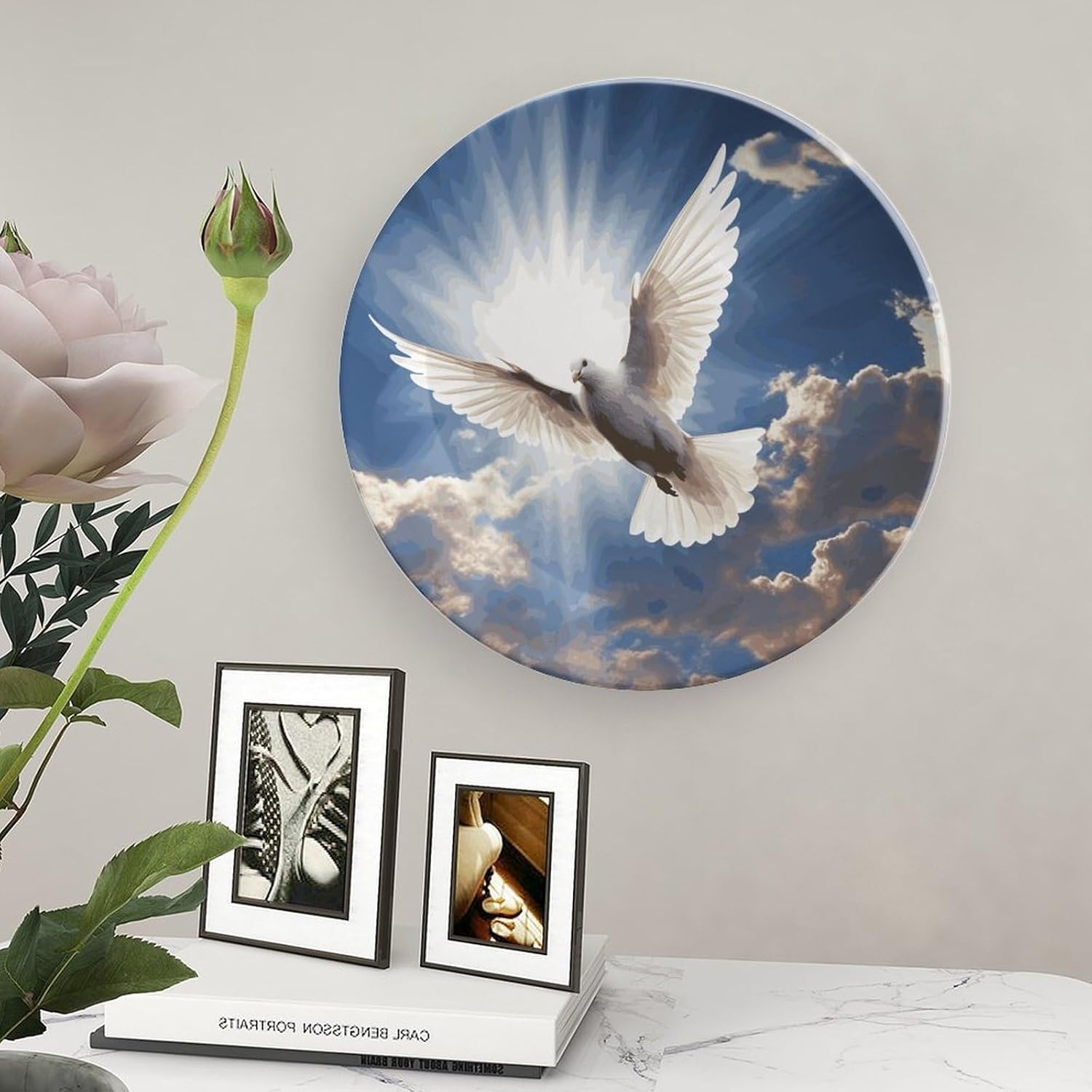 Dove Sky Bone China Decorative Plate with Display Stand, Ceramic Ornaments Plate for Wall Hanging, Personalized Porcelain Plates for Office, Living Room 8inch
