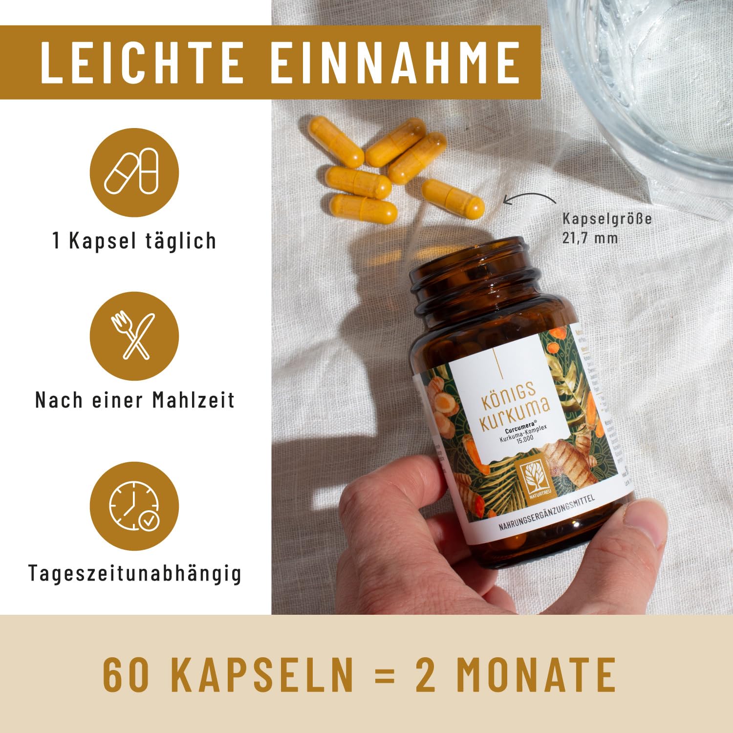 NATURTREU® Kurkuma Kapseln hochdosiert – 200mg Curcumin-Extrakt (30:1) entspricht 6.000mg Curcumin – hochdosiert 95% Curcumin pro Kapsel – Kurkuma Komplex mit Piperin & Vitamin C – vegan