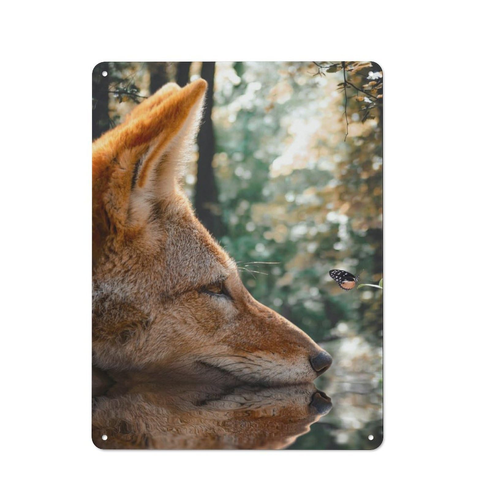 Junmoney Fox Butterfly Reflection Tin Wall Plaque 40X30cm With For Living Room Or Hallway, For Garage, Workshop And Man Cave Decoration
