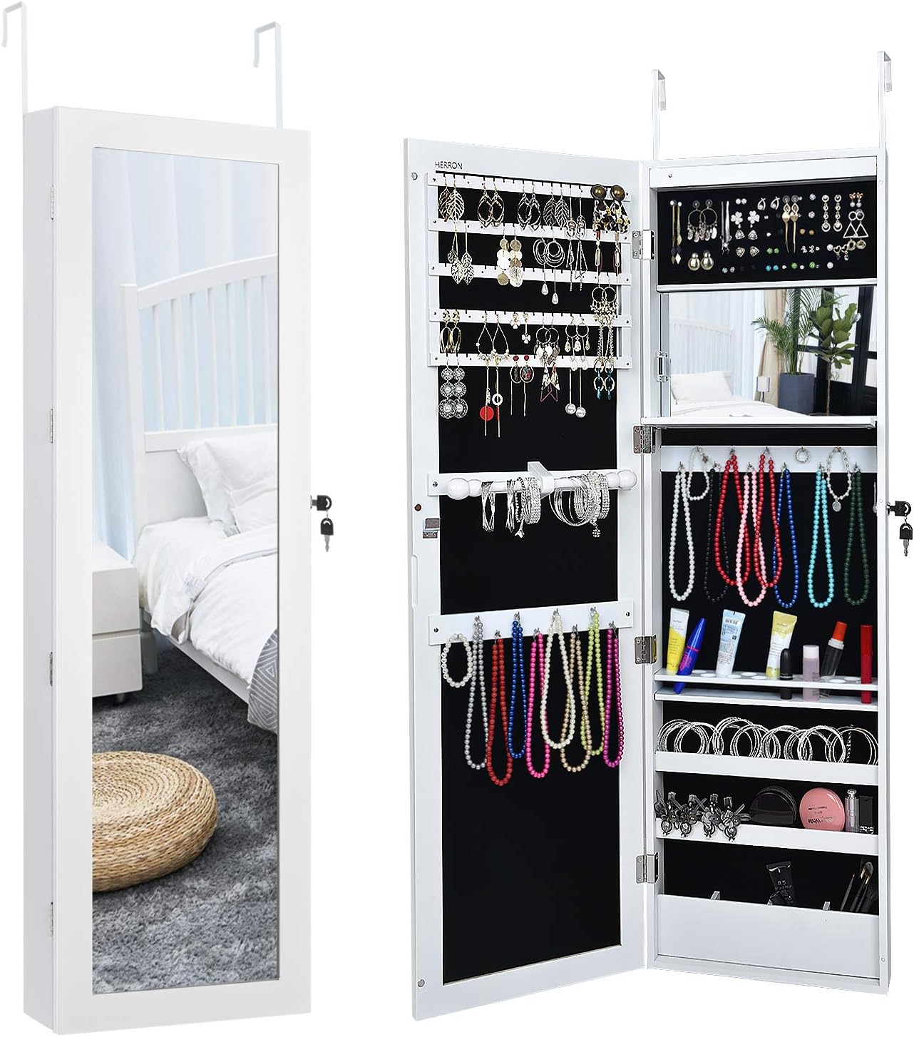 HERRON LED Jewelry Cabinet Armoire with Mirror, Over The Door Jewelry Box or Wall Mounted Jewelry Organizer for Women to Store Jewelry (WHITE)