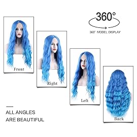 WECAN Blue Wig Long Natural Wavy Wig Synthetic Water Wave Blue Wig Halloween Cosplay Daily Party Heat-Resistant Fiber Wig