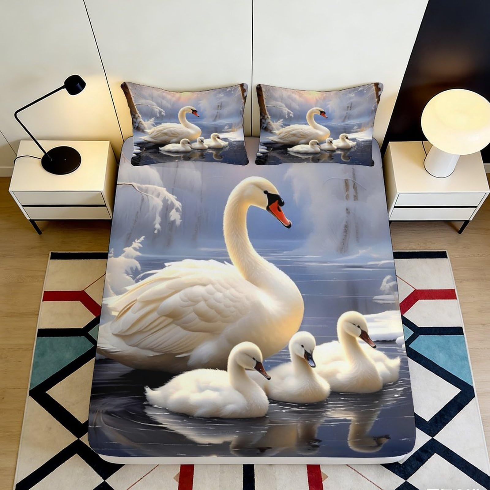 3D Printed Swan Lake Fitted Sheet Microfiber Soft Breathable White Swans Bed Cover for Bedroom Guest Room Decor 90x200x25cm