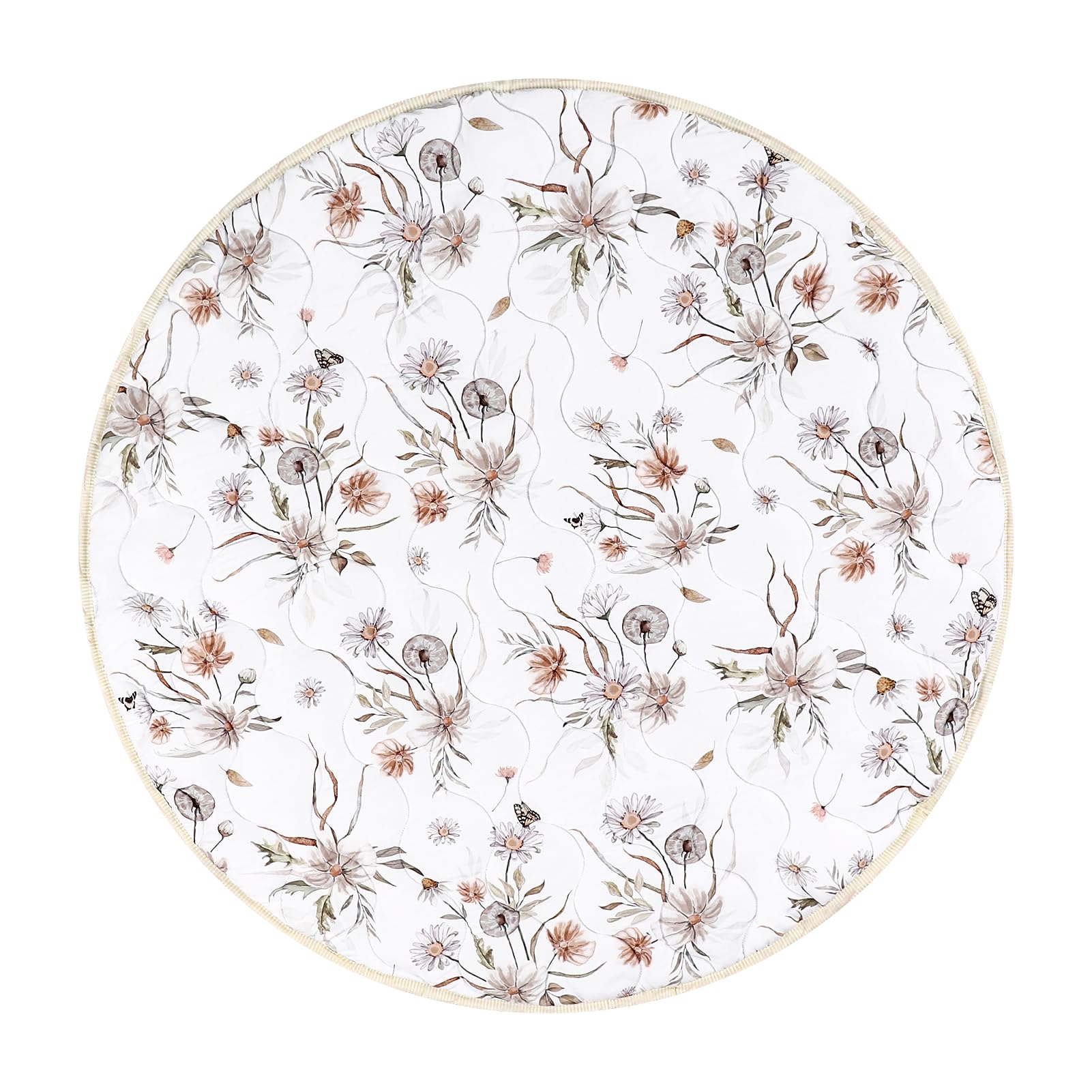 CARUILI Round Baby Play Mat for Floor, Soft Nursery Rug Girl, Anti Slip Kids Activity Tent Tummy Time Crawling Playmat Padded, White Floral (40" X 40")