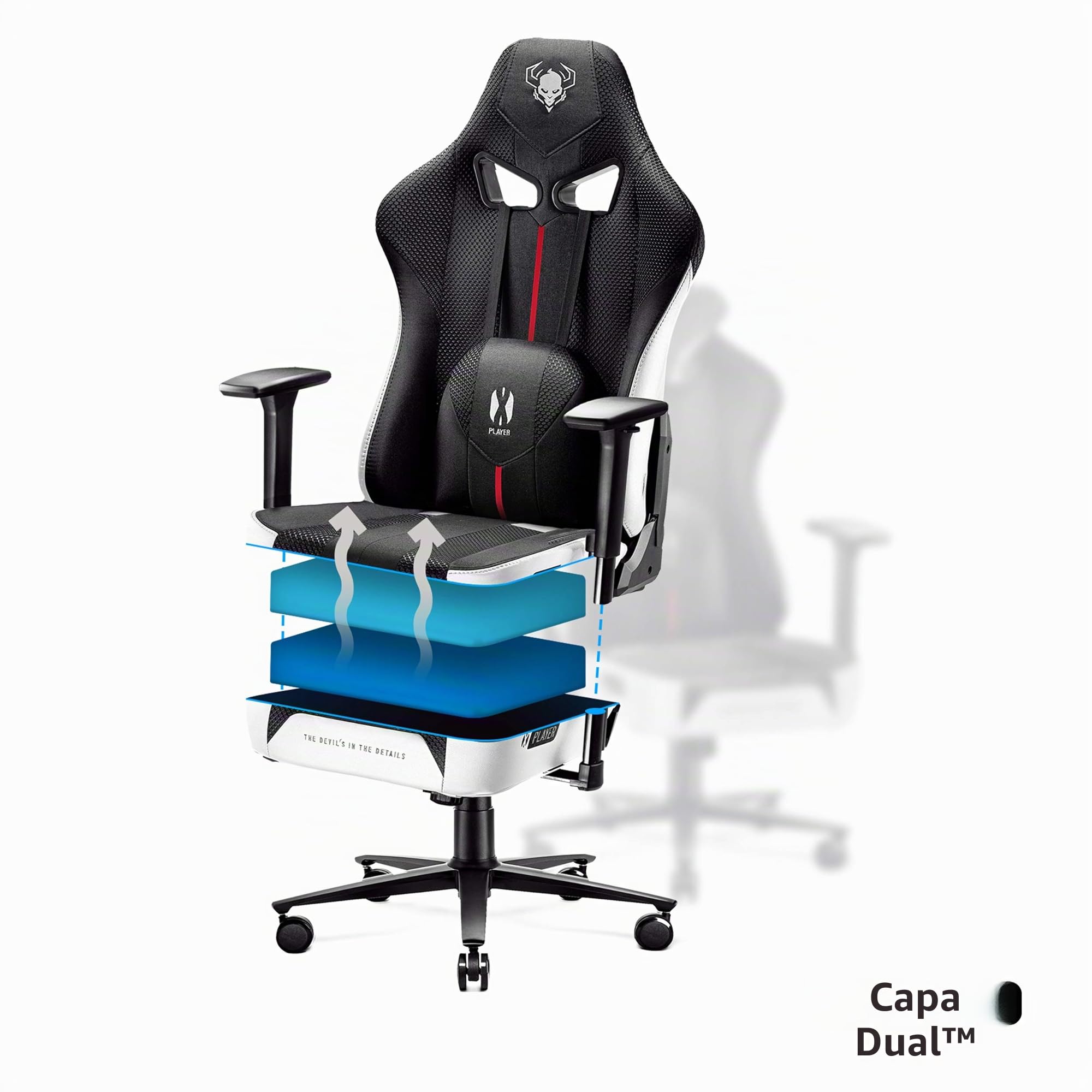 Diablo Silla Gaming Tela X-Player 2.0 - Silla Gamer con Reposabrazos 3D - Cojín Cervical/Lumbar Función de Balanceo - Silla de Oficina 160 kg - Cadeira Gaming Ergonómica - King (XL)