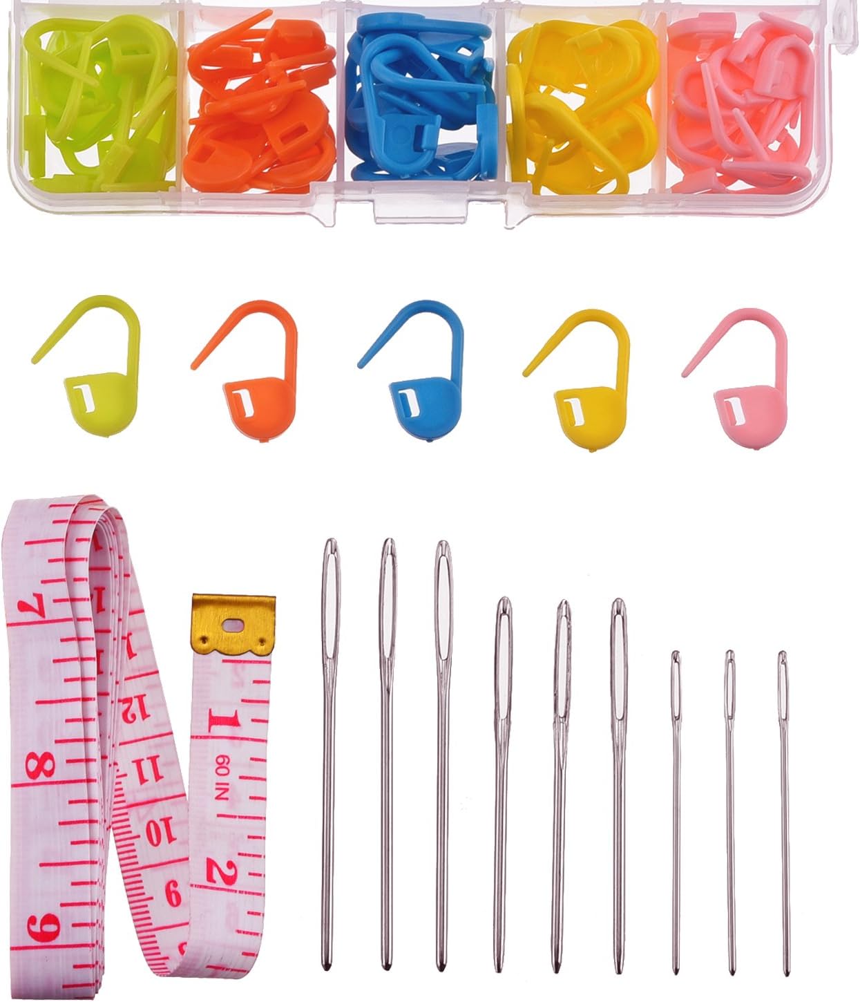 9 Pieces Large Eye Blunt Sewing Needles with 60 Pieces Lock Markers and Cloth Tape Measure