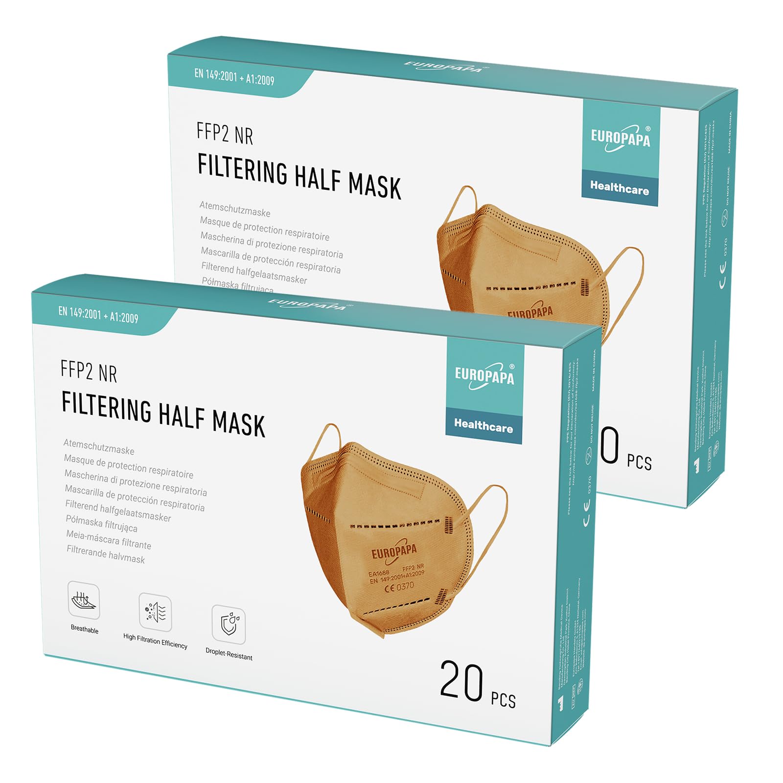 EUROPAPA® 40x FFP2 Masken Atemschutzmaske 5-Lagen Staubschutzmasken hygienisch einzelverpackt Stelle zertifiziert EN149:2001+A1:2009 Mundschutzmaske EU2016/425 (Orange)
