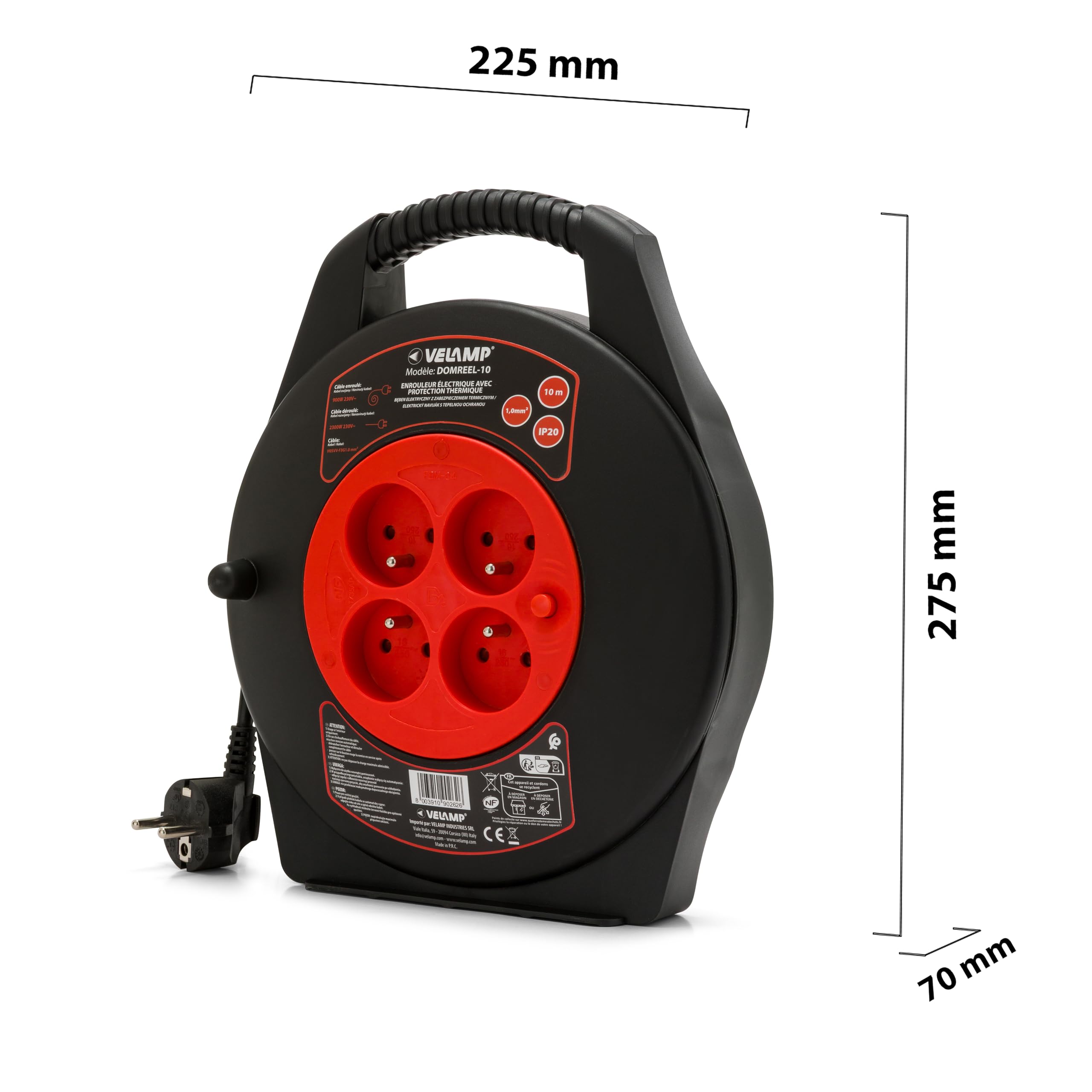 Velamp DOMREEL-10- Enrouleur HO5VV-F 4 prises 3G1.0 10m + coupe-circuit - avec poignée