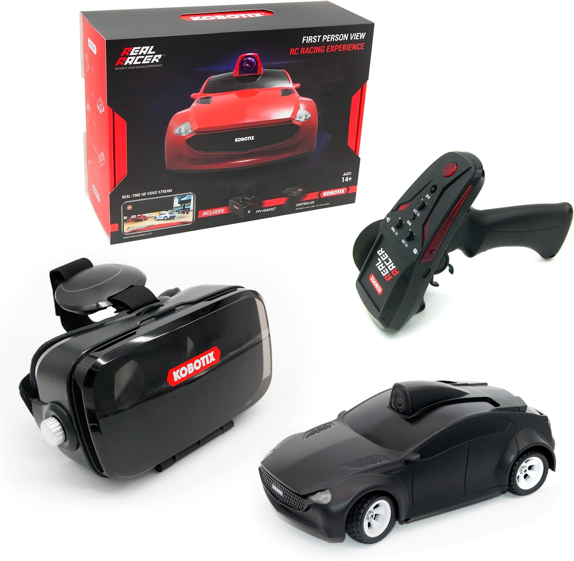 Kobotix Real Racer - Remote Control Car with Camera, FPV RC Car, Compatible with Meta Quest (2, 3, Pro), HD First Person View Video, Gyroscope, Included Controller and Headset, App Controlled (Black)
