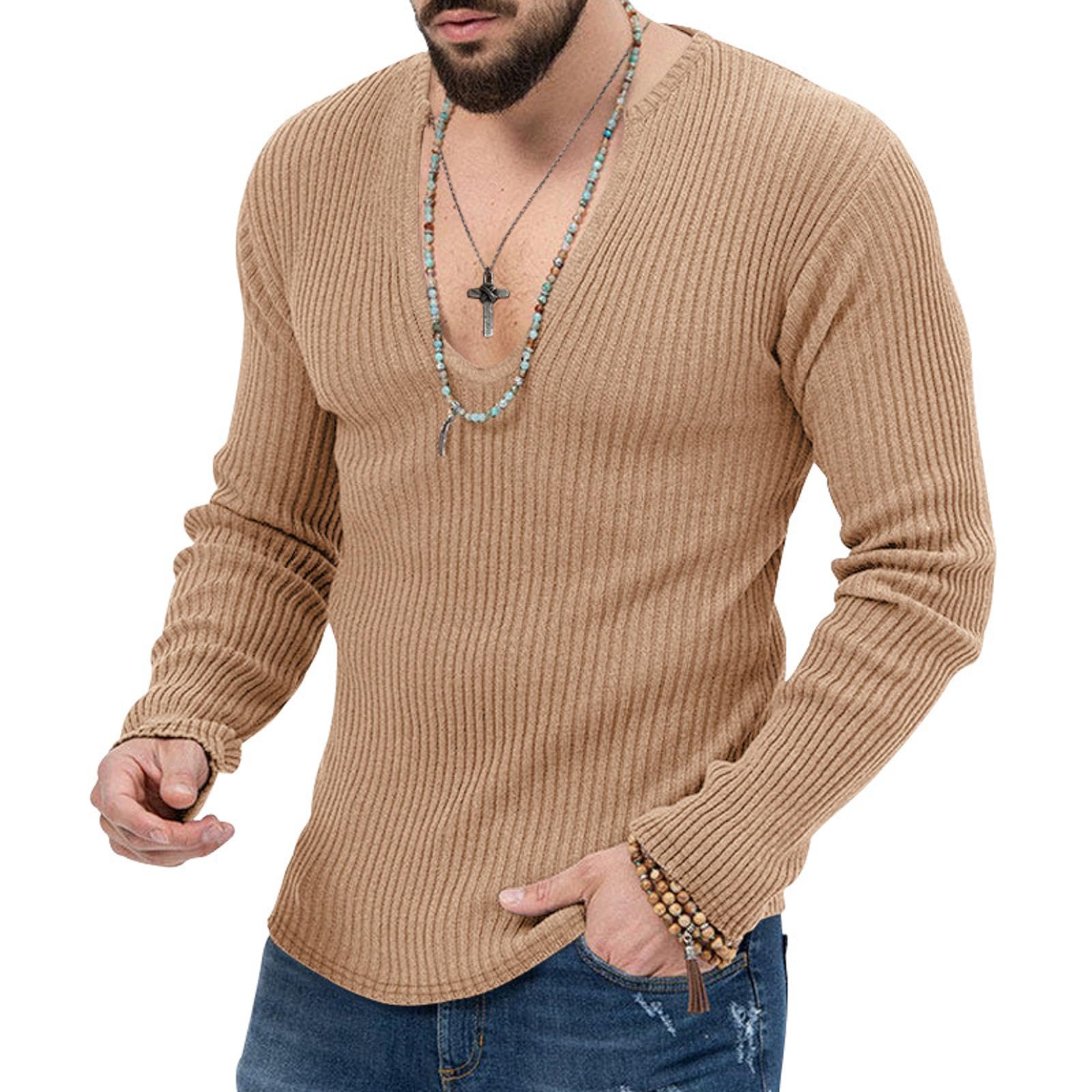 Men's Fashion Deep VNeck Knitted T Shirt Autumn Solid Color Slim Fit Breathable Long Sleeve T Shirts