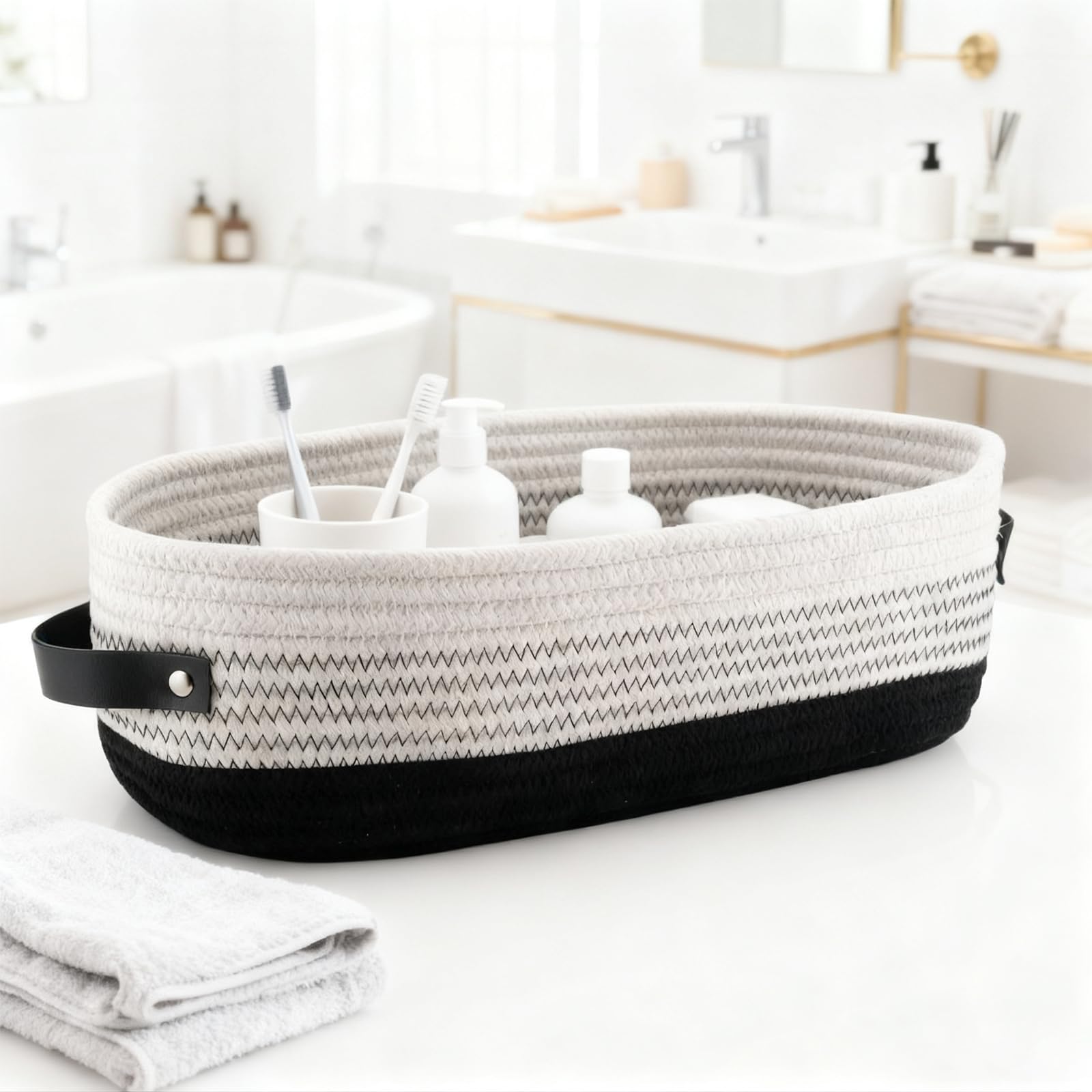 Dermalyx Baumwoll Seil Toilette Korb Badezimmer Deko Körbe Toilettenpapier Halter Korb Landhaus Haus Deko Organisieren Kleine Körbe Schwarz 33 x 15 x 10 cm Küche, Haushalt & Wohnen