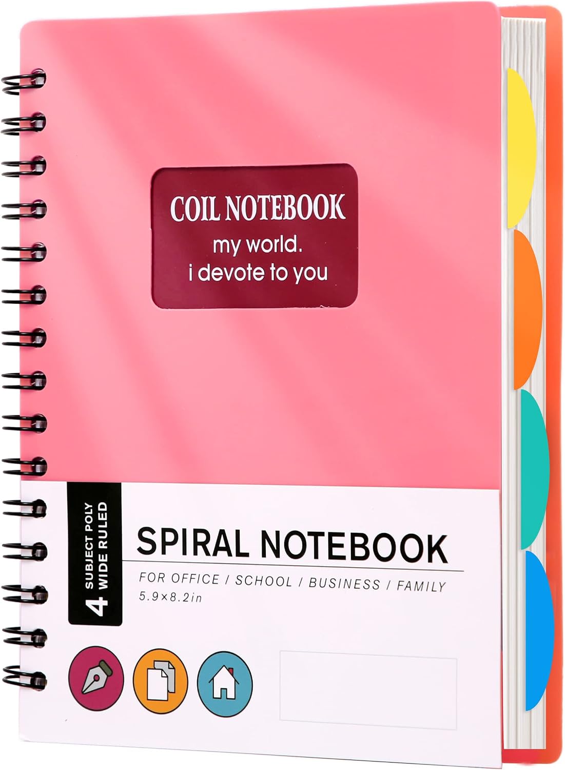 5 Subject Notebook with Dividers Tabs Spiral Notebooks for Work Wide Ruled 240 Pages Multi Subjects Notebook for Note Taking Spiral Bound Notebook Lined College Students Writing Journal School Office Supplies, 6.3"x 8.3", Pink