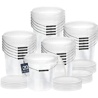 Bucket with Lid 20 x 20 L Transparent Food-Safe Stable Airtight Leak-Proof Plastic Storage Container with Metal Handle Empty 20 Pieces Each 20 Litres