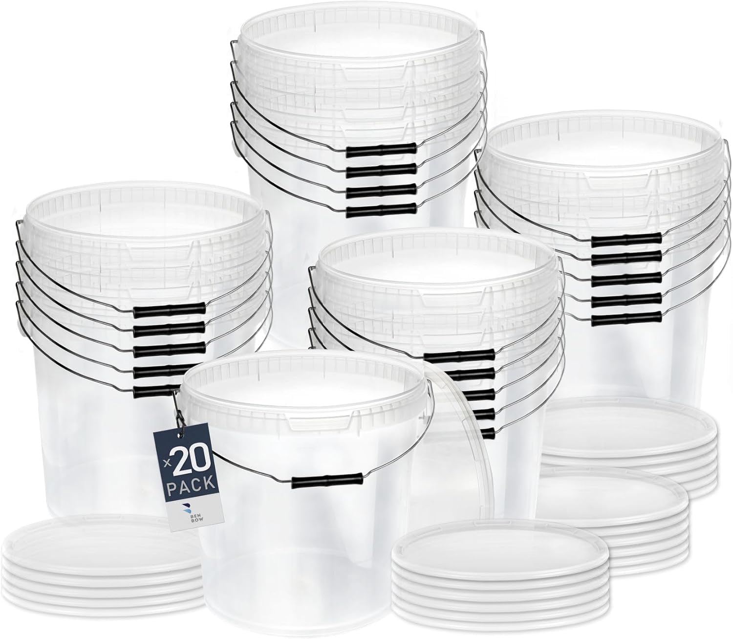 Benbow Transparent Bucket With Lid 20 L 20X 20 Litres - Food-Safe, Sturdy, Airtight, Leak-Proof - Plastic Storage Container, With Metal Handle - Empty