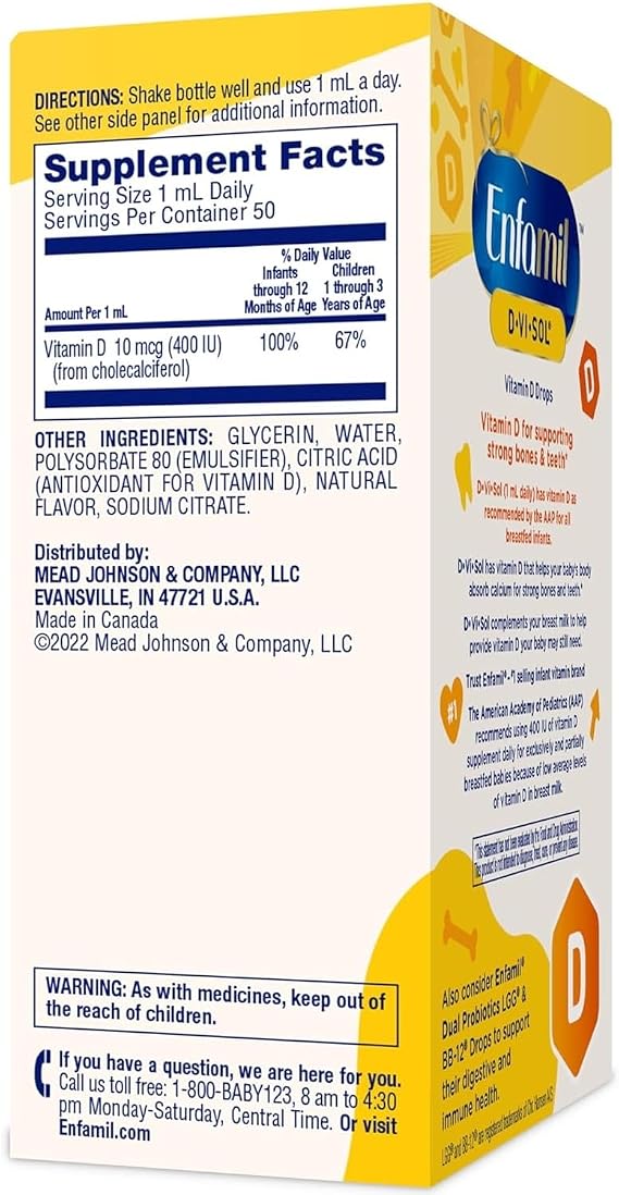 Enfamil D-Vi-Sol Vitamin D Drops for Infants, Supports Strong Bones and Teeth, Gluten-Free, Easy to Use Dropper Bottle 50 mL (Pack of 2)