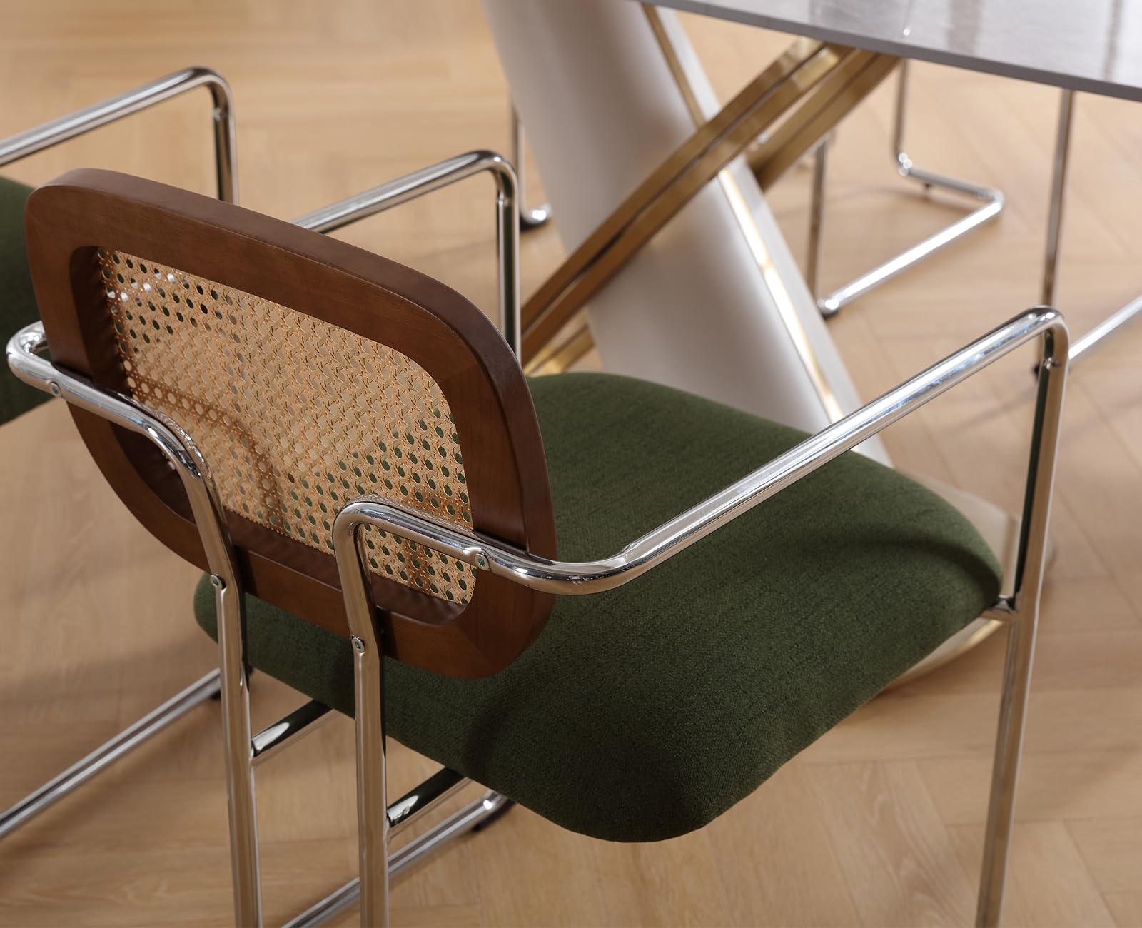 Esszimmerstühle 2er Set, Retro Küchenstühle mit Rattan Rückenlehne Gepolsterte Essstühle mit Metallgestell aus Leinen, für Esszimmer Wohnzimmer Küche Schlafzimmer​Lounge, Grün