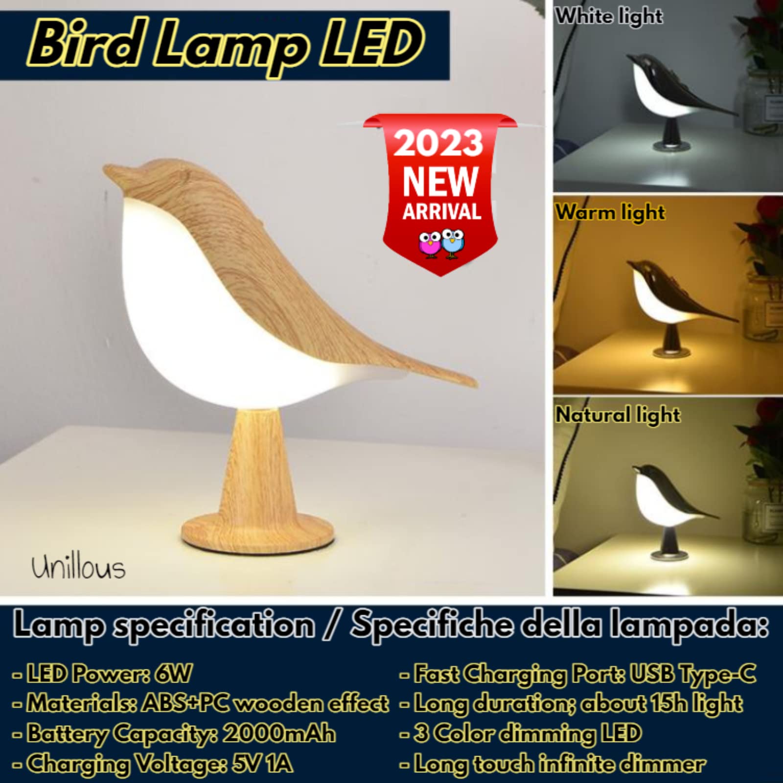 2 Lampes De Table LED Rechargeables - Veilleuse Tactile 3 Couleurs - Intensité Variable - Design Oiseau