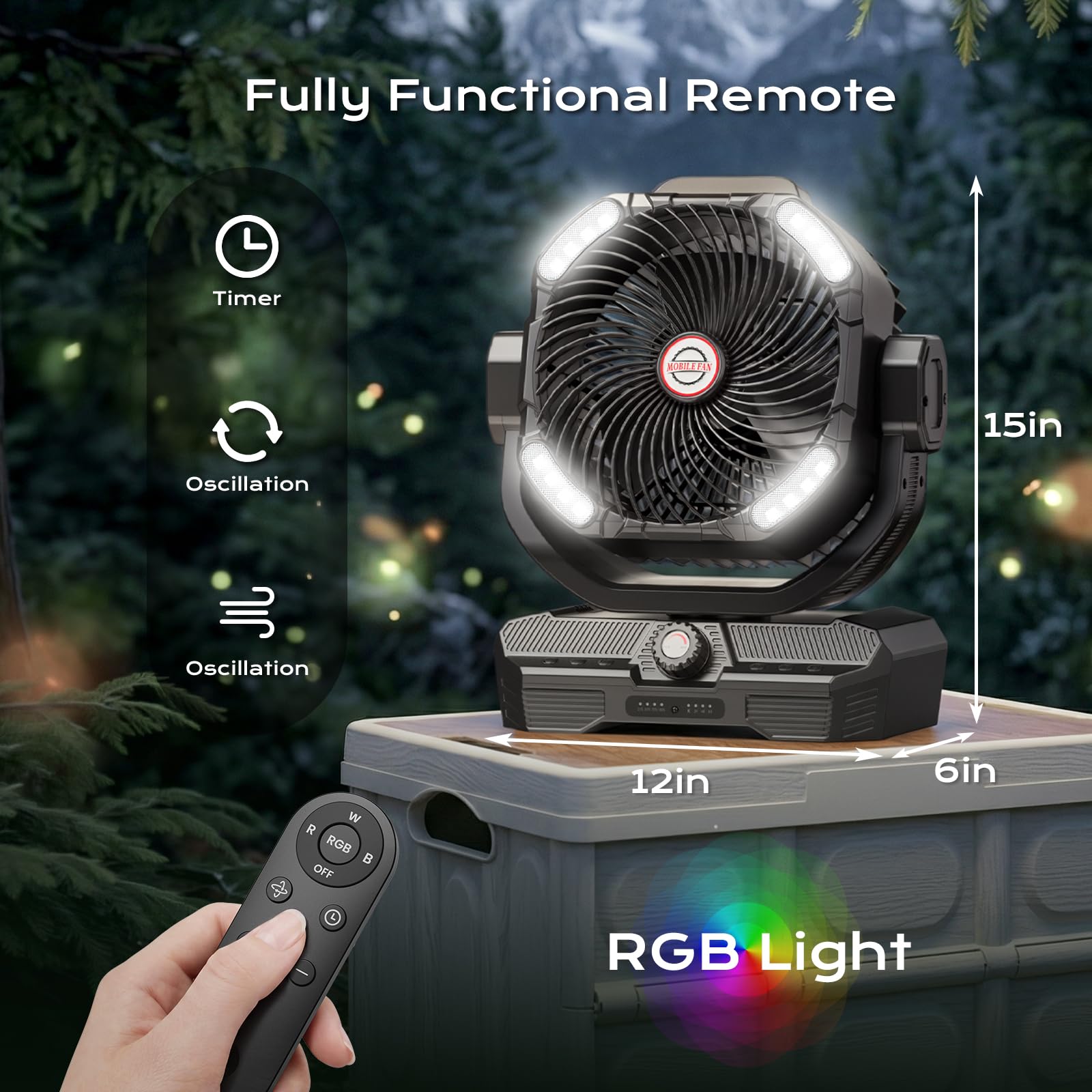 Grande ventilatore da campeggio alimentato a batteria, 27000 mAh, ventilatore da pavimento oscillante a batteria ricaricabile da 38,1 cm, con telecomando e luce notturna a LED, portatile, per tenda