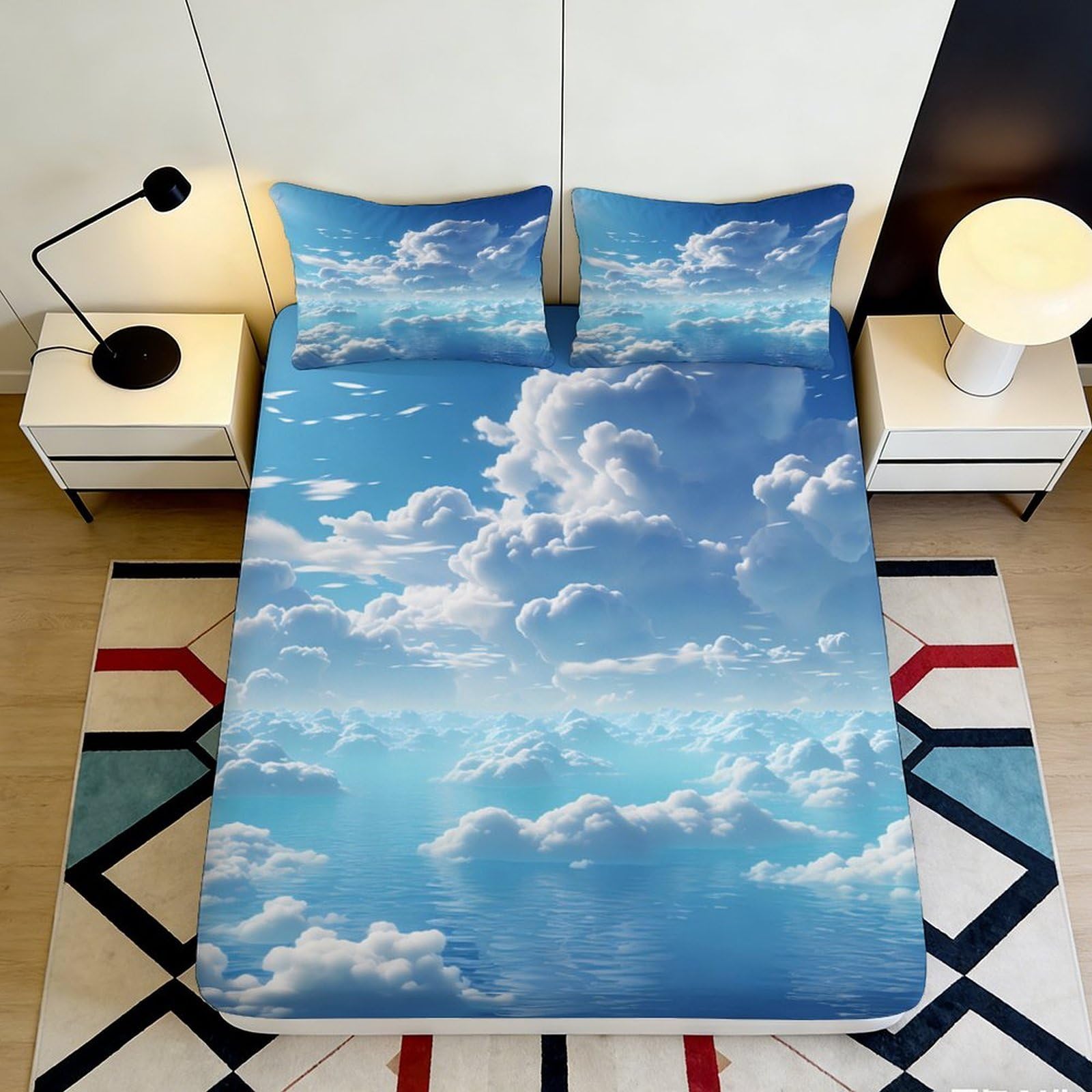 3D Printed Blue Sky Cloud Fitted Sheet Microfiber Soft Breathable Cloudscape Bed Sheet for Bedroom Dorm Decor Mattress Protection 90x200x25cm