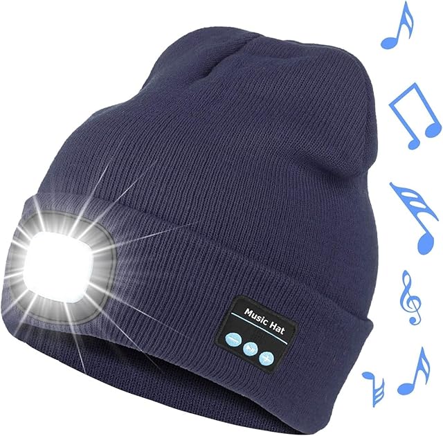 CUQOO Bluetooth Beanie Hat with Light & Built-in Speakers & Mic Premium Warm Woolly Hat | Winter Knitted Cap with Headphones | Unisex Work Hat with USB Charging | Beany Hat for Men & Women