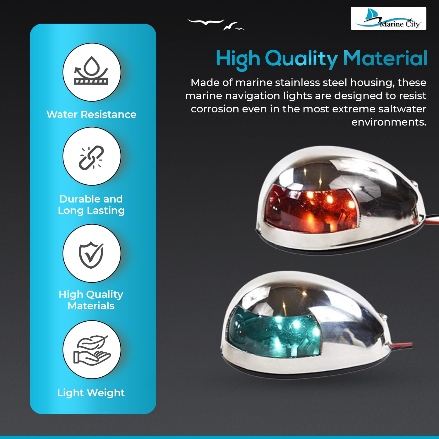 MARINE CITY Luces laterales de navegación LED impermeables de acero inoxidable, rojo y verde, 3-3/16 pulgadas de longitud, ideal para barcos, marines, yates (1 juego)