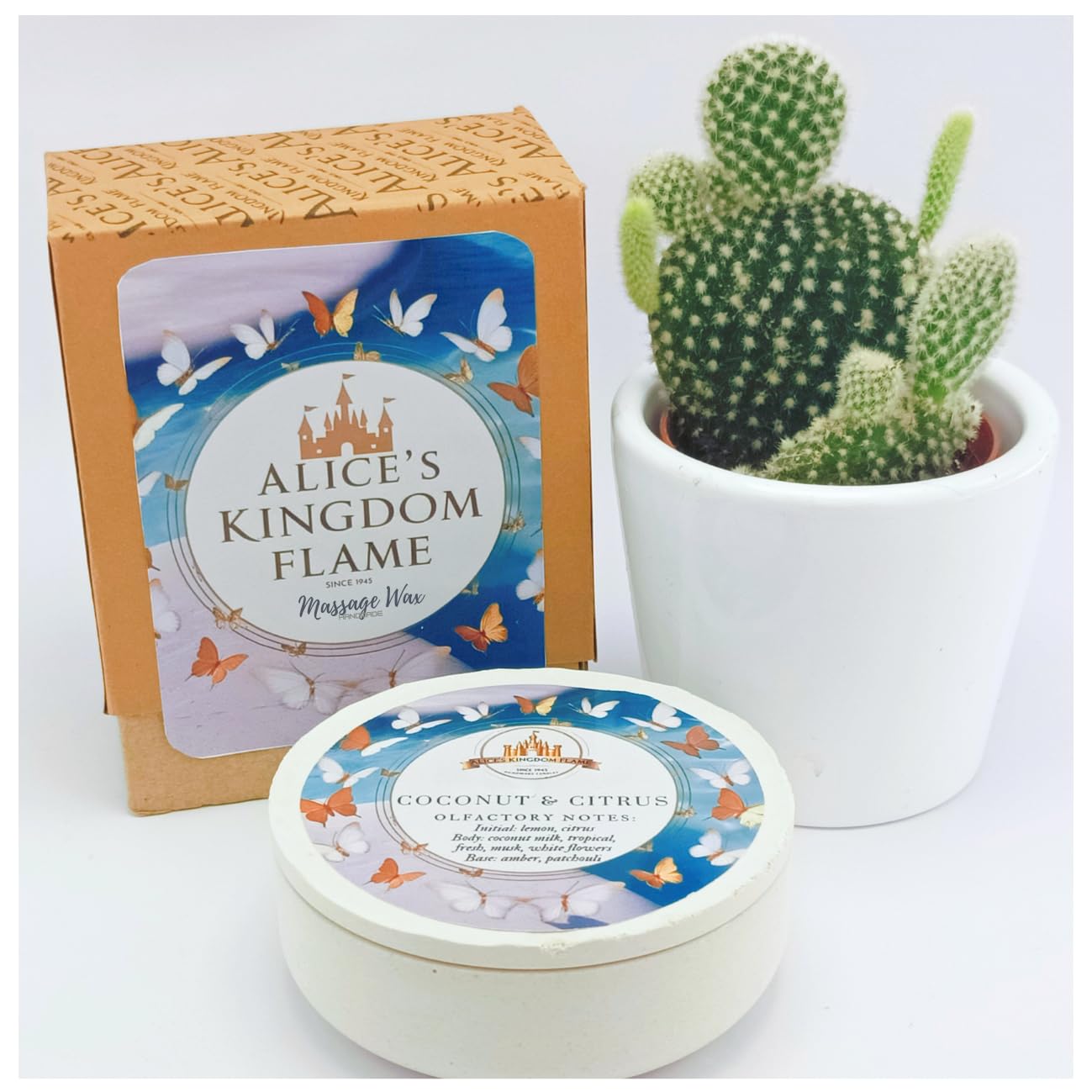 Alice's Kingdom Flame Massage Wax (Cera de Masaje candle) -Coconut & Citrus, Vanilla, Passion Fruit, Deep Seduction, 40g + 5ml Aceite de Almendra (Coco & Citrus)