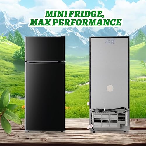 Miniatura 9 de DEMULELR - Mini refrigerador pequeño de 4.5 pies cúbicos con congelador, mini refrigerador negro de dos puertas con cajón para verduras y espacio