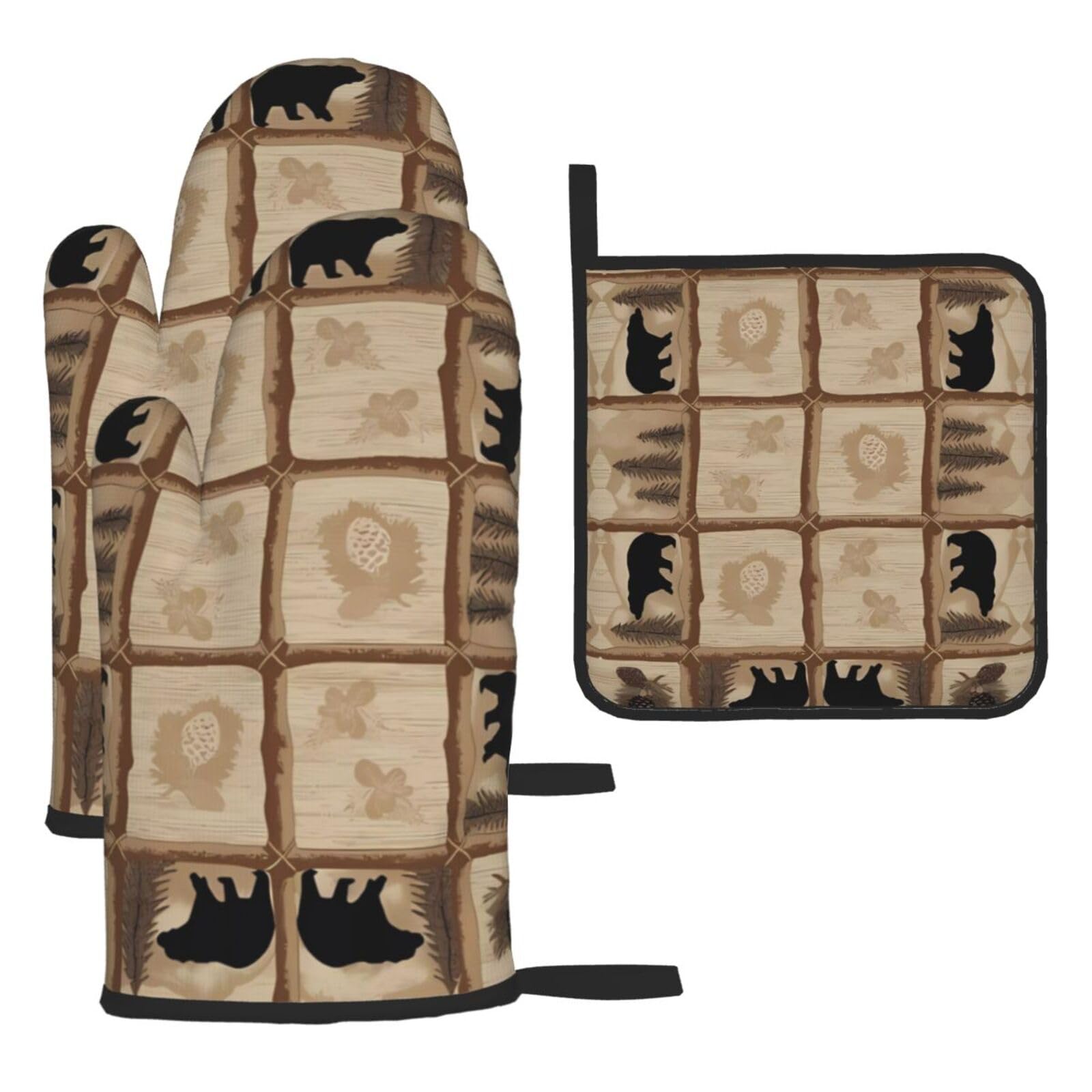 Rustic Lodge Printed Kitchen Oven Mitt Set 3-Piece Heat Resistant Gloves with Pot Holder Mat for Cooking Baking BBQ