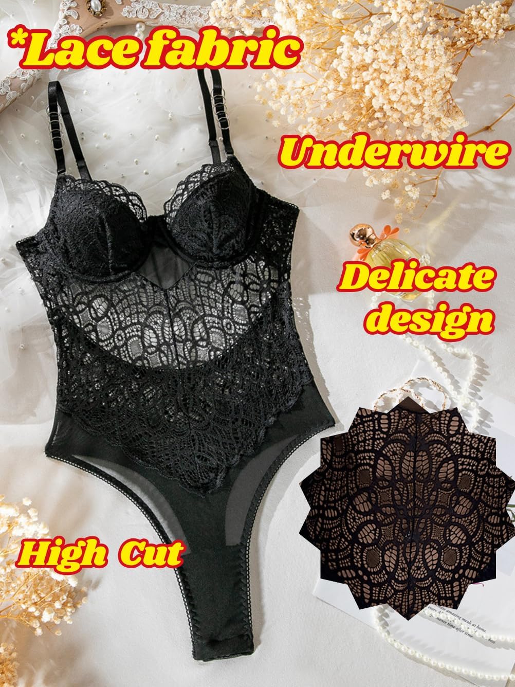 Floral Lace Bodysuit Lingerie,High Cut Sexy Body Suits Women,Sheer Mesh Corset Tops Date Night Club - Image 4