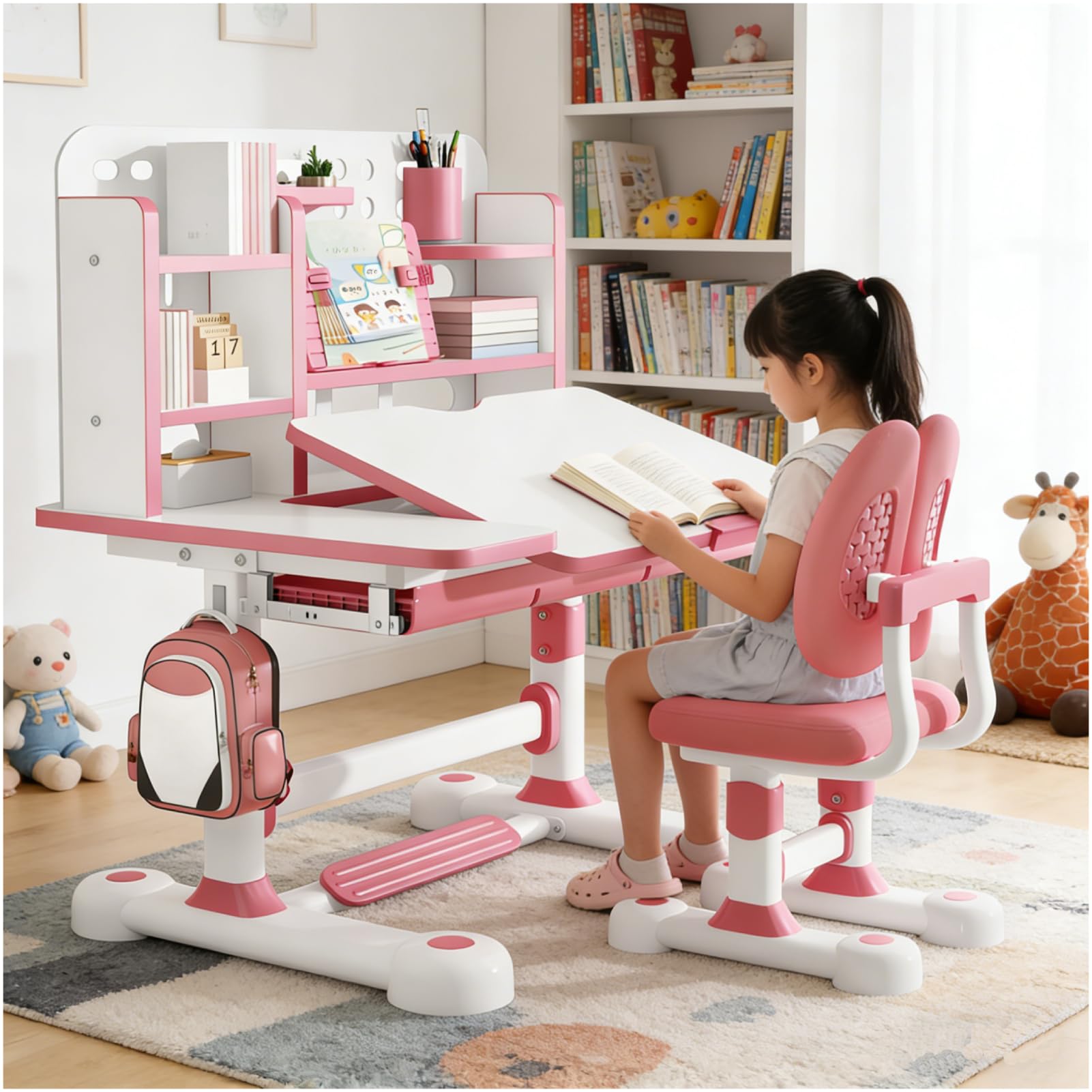 Set di scrivania e sedia per bambini con scrivania inclinabile (50 gradi), altezza regolabile per bambini, set di tavolo ergonomico extra large con cassetto portaoggetti, supporto per libri