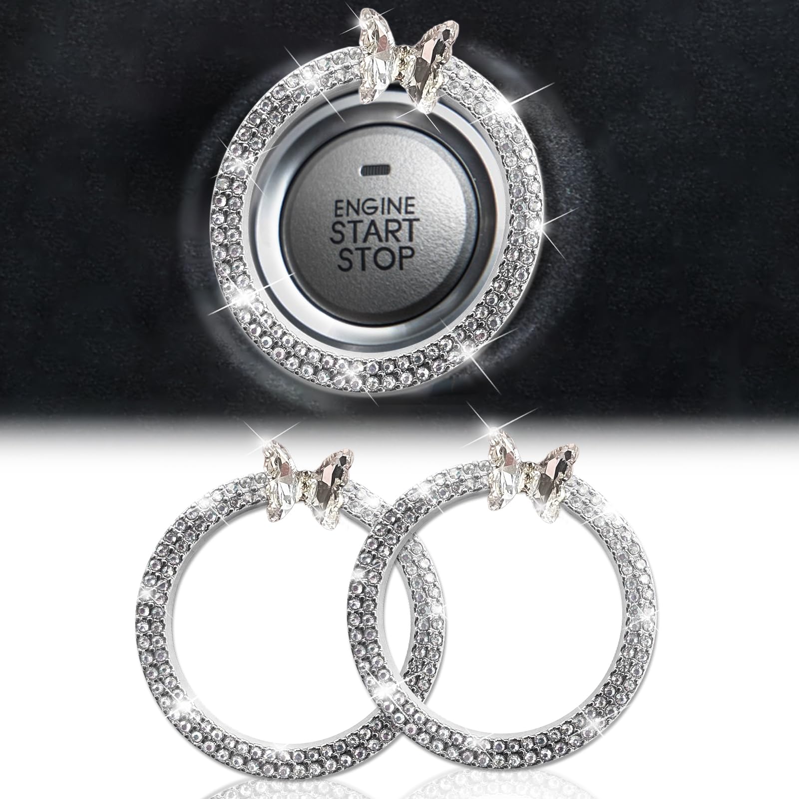 2pcs Transparent Butterfly Bling Ring Emblem Car Accessories - Car Push Start Button Cover/Sticker, Key Ignition Knob Bling Ring, Sparkling Car Interior Accessories for Women (Silver)
