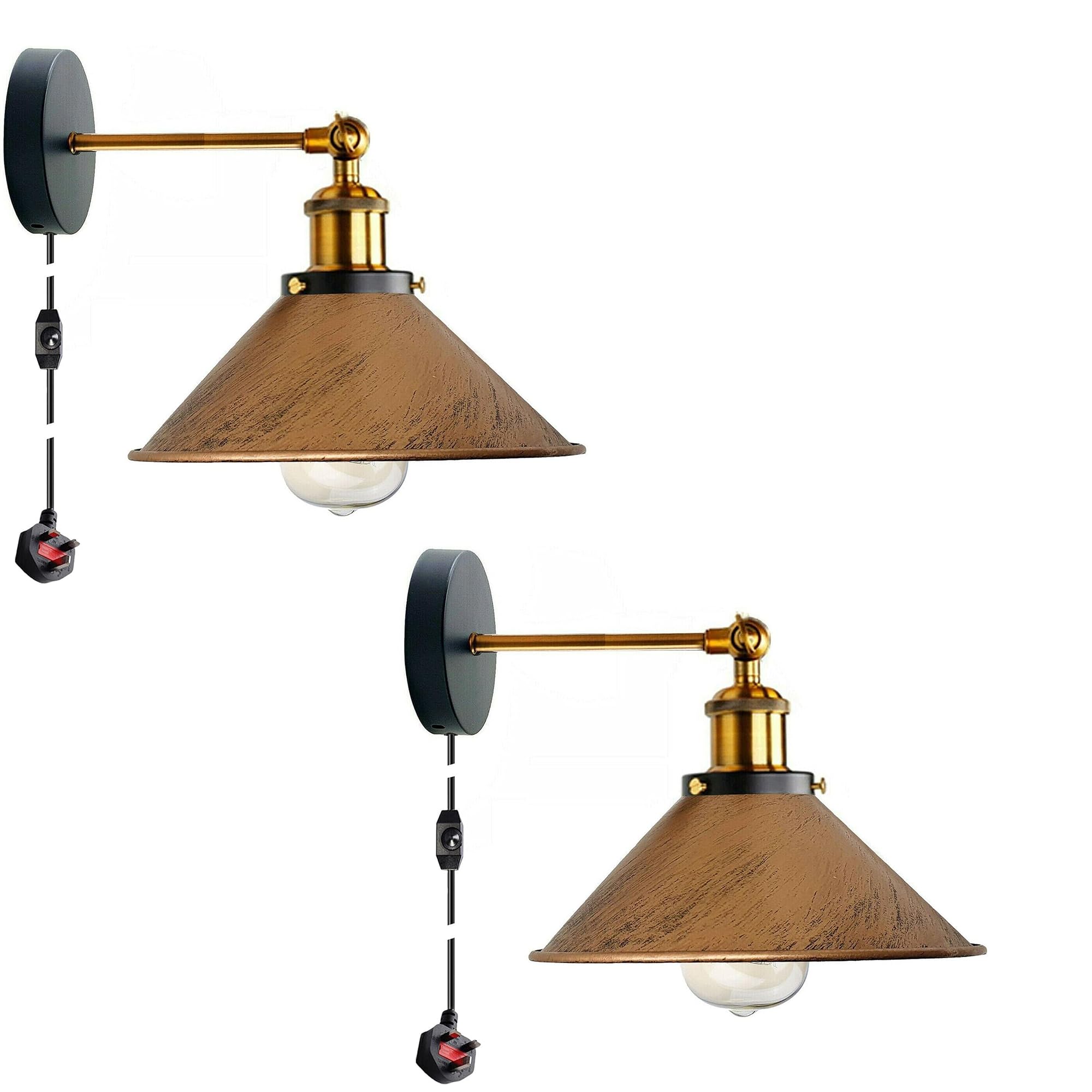 LEDSone Retro Industrial Wall Light Plug in Wall Lamp Metal Cone Shape Shade Indoor Light Fitting with Dimmer Switch for Bedroom Hallway Restaurants (Brushed Copper 2 Pack, Without Bulb) โ image 1