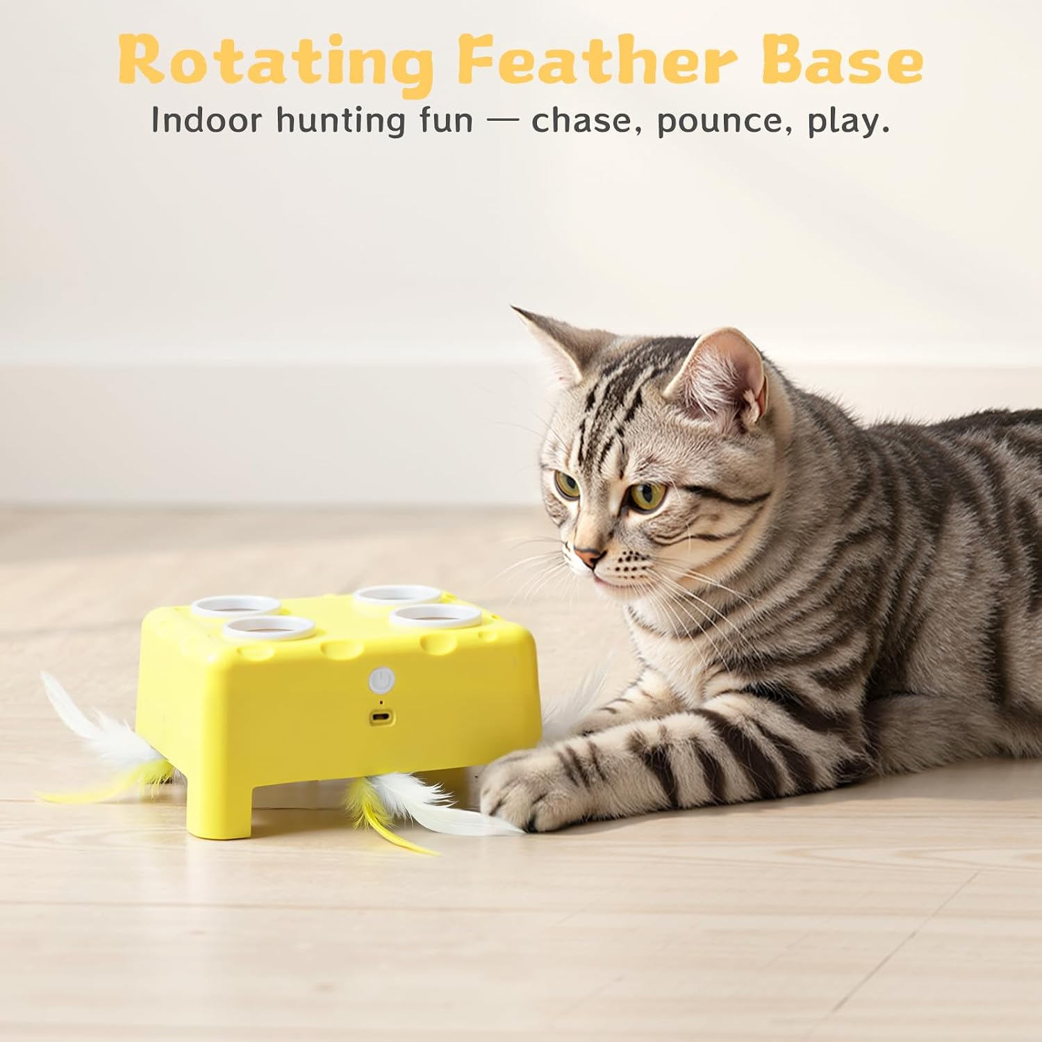 Cheese Box Interactive Cat Toy for Indoor Cats, 3-in-1 Whack a Mole Feather Toy, 3 Modes Rechargeable Auto Cat Toys for Bored Cats, 4 Holes Kitten Toy, 4 Accessories (Yellow)