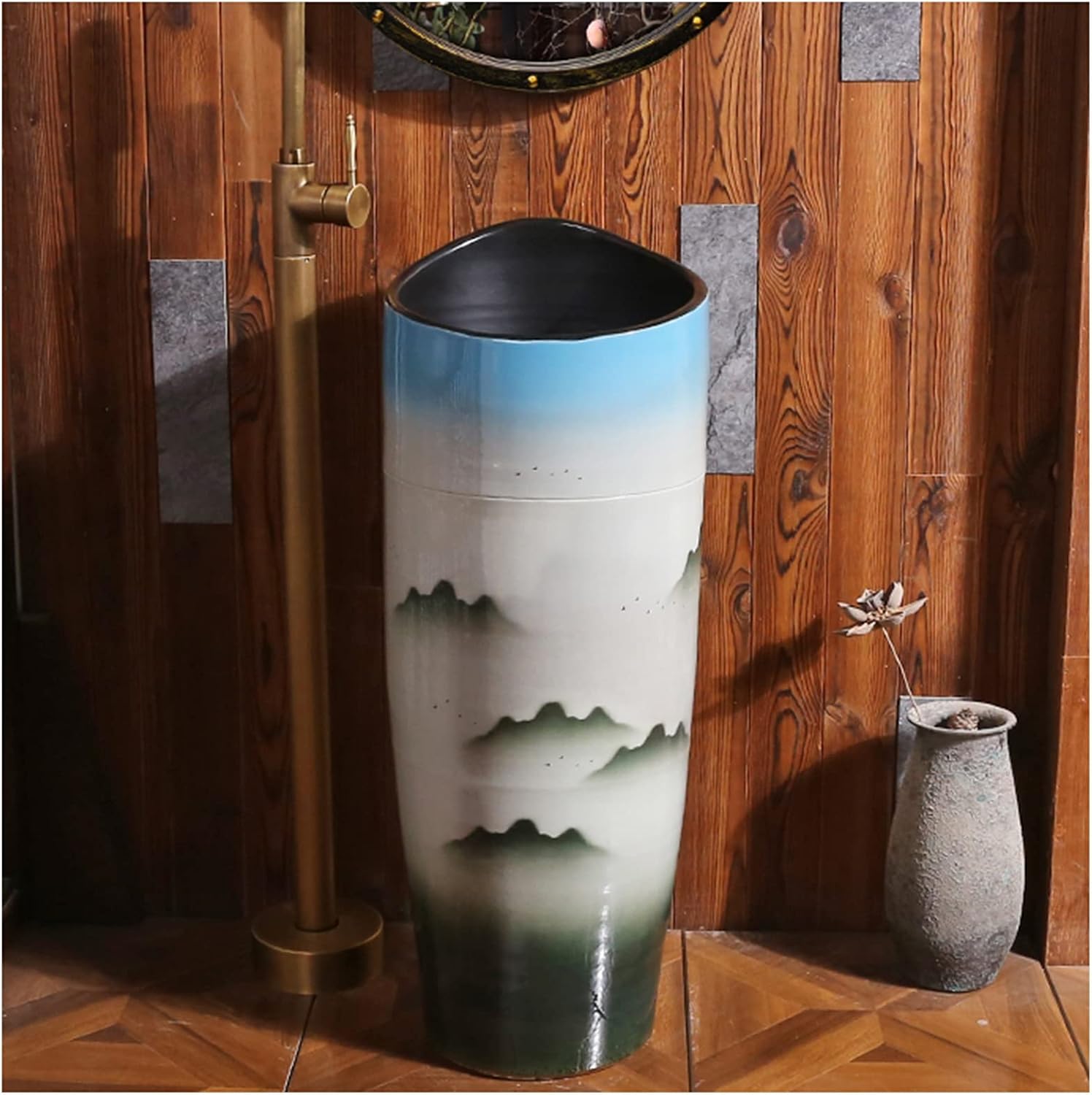 Bathroom Basin Sink with Full Pedestal and One Tap Hole Round Freestanding Sink Ceramic Basin Sink and Pedestal Bathroom,G,with Mirror (L Without Mirror)