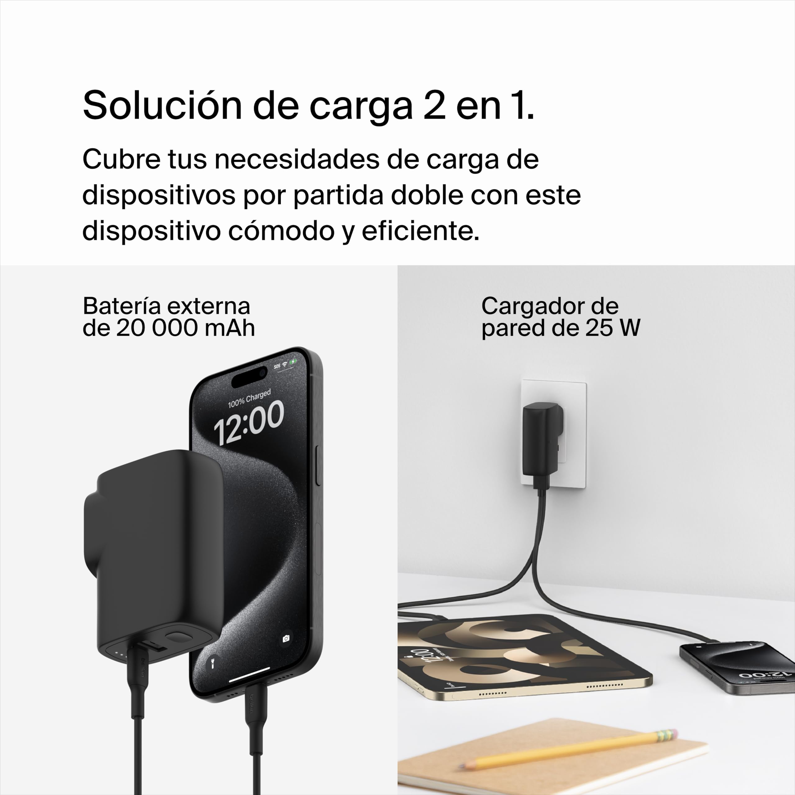 Belkin Cargador USB de Pared híbrido de 25 W con batería Externa de 5000mAh, Cargador portátil 25W 2 en 1 con 1 Puerto USB-C PD 3.0 y 1 Puerto USB-A, Power Bank de 2 Puertos USB y Cable USB-C a USB-C