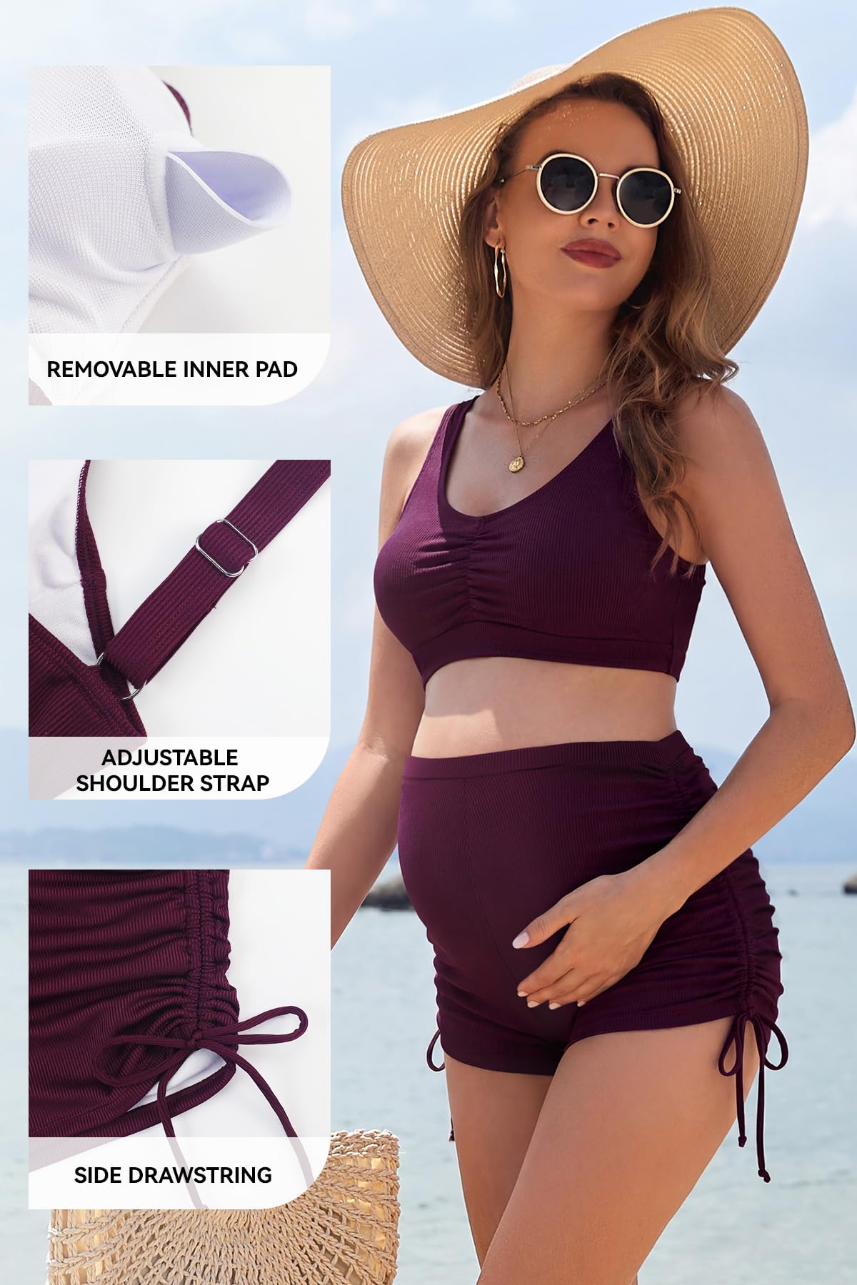 SHEKINI Damen Umstandsbademode Bikini Set Badeanzug V Ausschnitt Gepolstertes Bikinioberteil mit gerüschter Seite Kordelzug Bikinihose Boyshorts