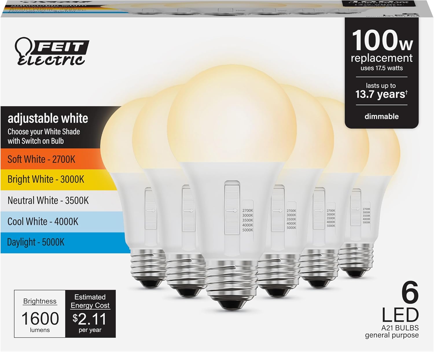 Feit Electric A21 LED Bulb 100W Equivalent, Dimmable Selectable CCT 2700K-5000K, 1600 Lumens, 15,000Hr Life, 6 Pack