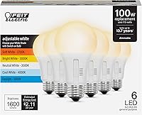 Feit Electric A21 LED Bulb 100W Equivalent, Dimmable Selectable CCT 2700K-5000K, 1600 Lumens, 15,000Hr Life, 6 Pack