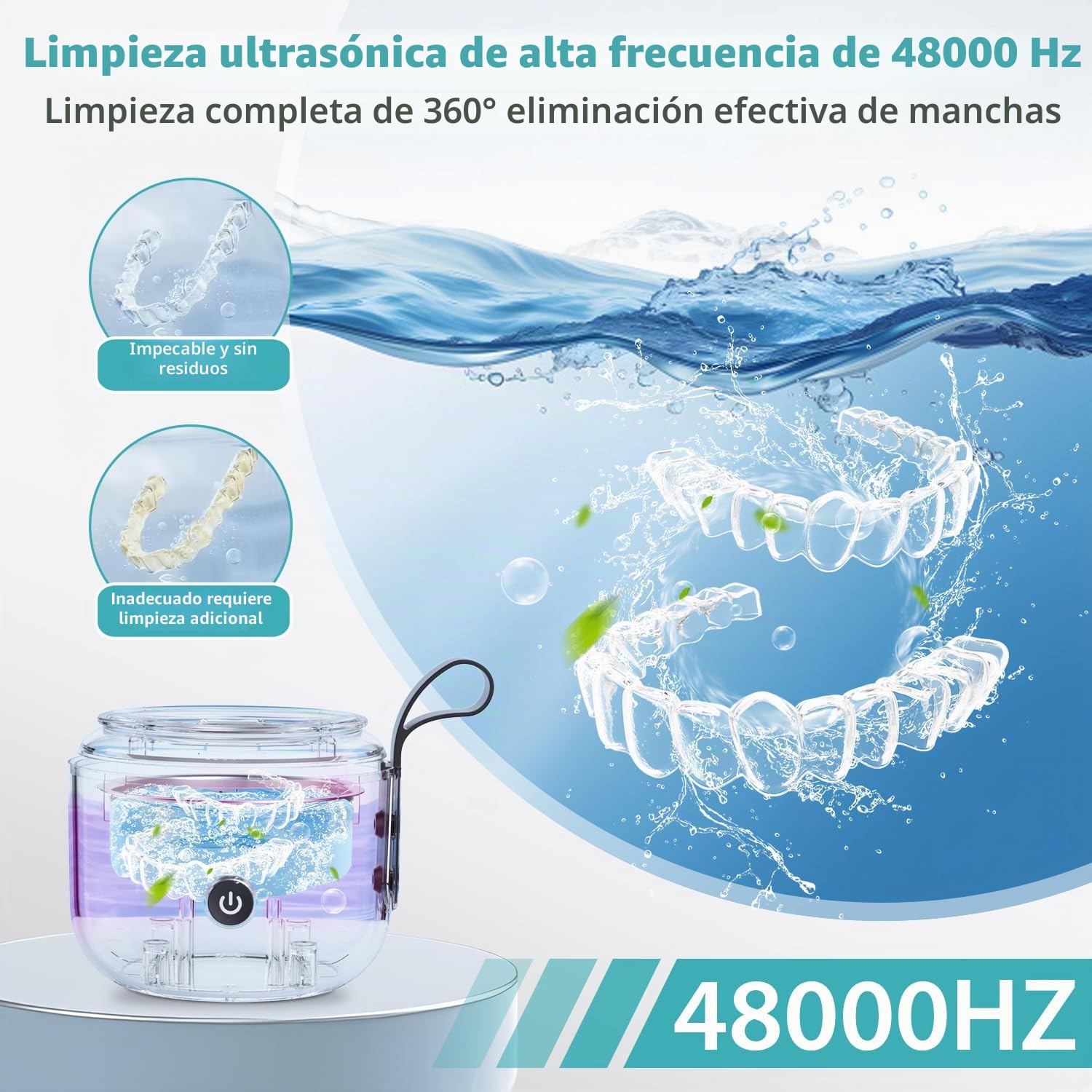 Limpiador Ultrasónico Inalámbrico para Prótesis Dentales, 48 kHz, 125 ml, 3 Modos, Luz UV, Batería 2000 mAh