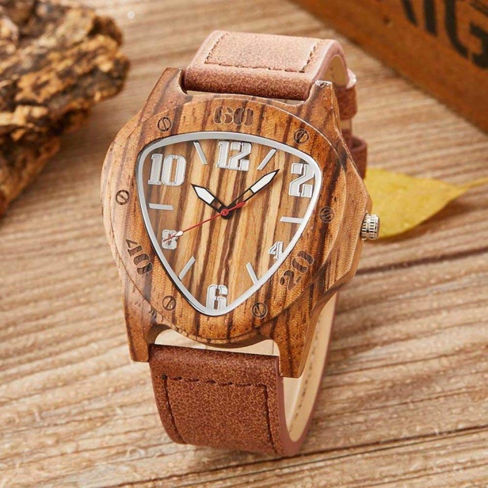 OIFMKC Orologio in legno Orologio da uomo in legno triangolo Orologio da uomo in legno di bambù naturale Orologi da polso in pelle marrone da uomo REAL Ebony Zebra Wood